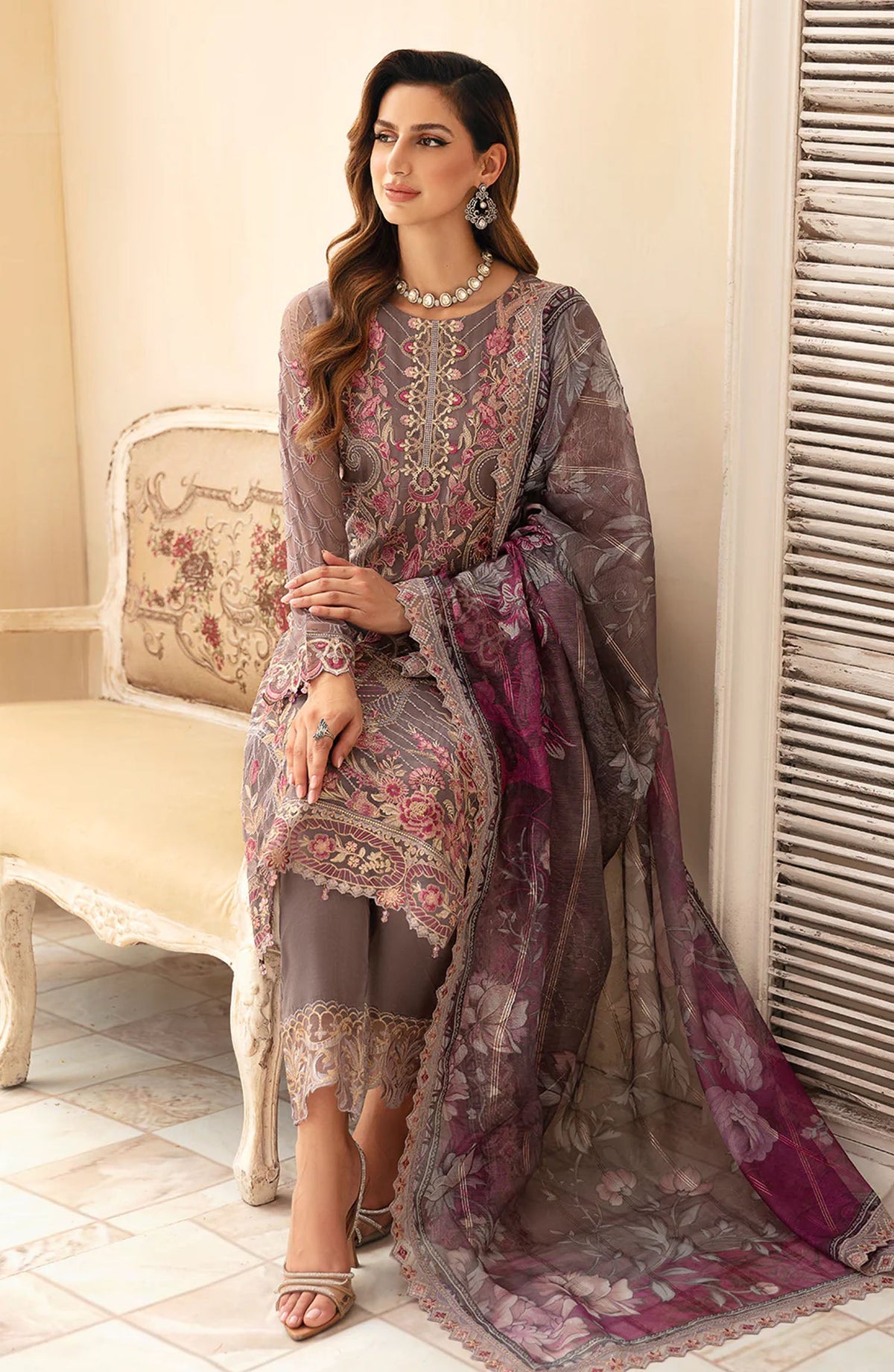 Chevron by Ramsha Embroidered Chiffon Unstitched 3 Piece Suit - A-908 - RM26CHRN - Grey - Festive Collection