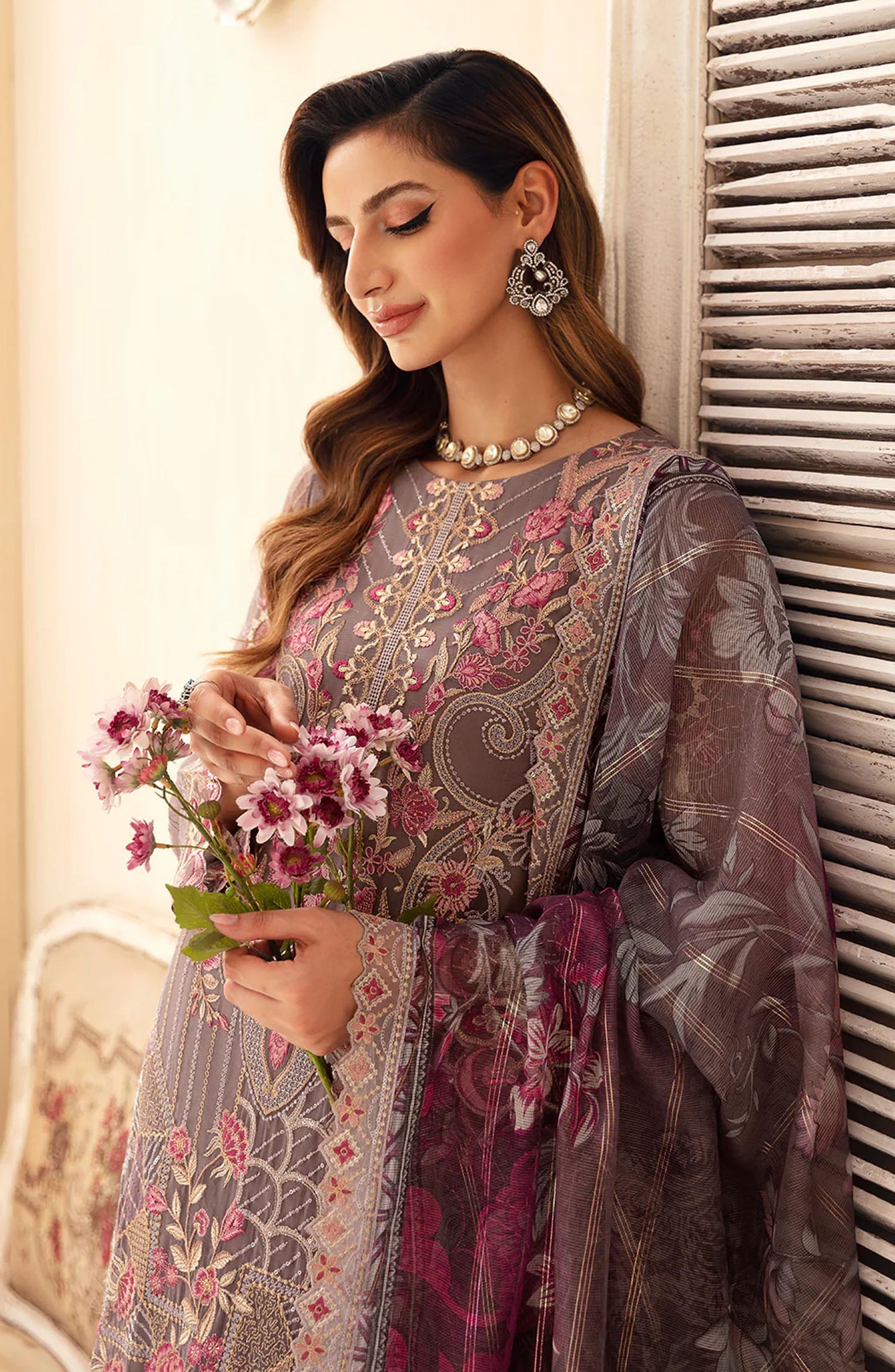 Chevron by Ramsha Embroidered Chiffon Unstitched 3 Piece Suit - A-908 - RM26CHRN - Grey - Festive Collection