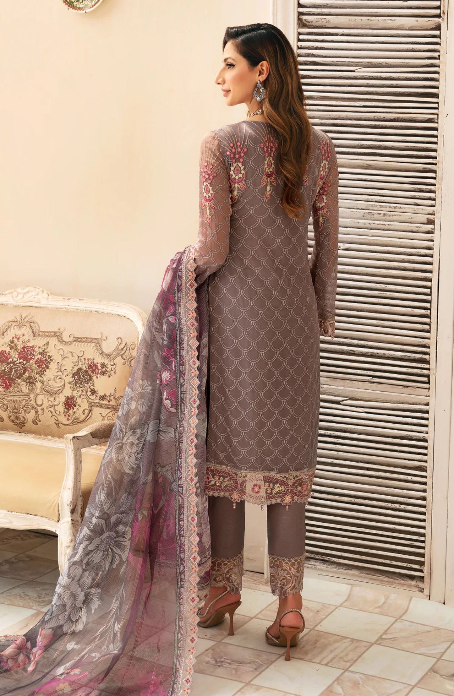 Chevron by Ramsha Embroidered Chiffon Unstitched 3 Piece Suit - A-908 - RM26CHRN - Grey - Festive Collection