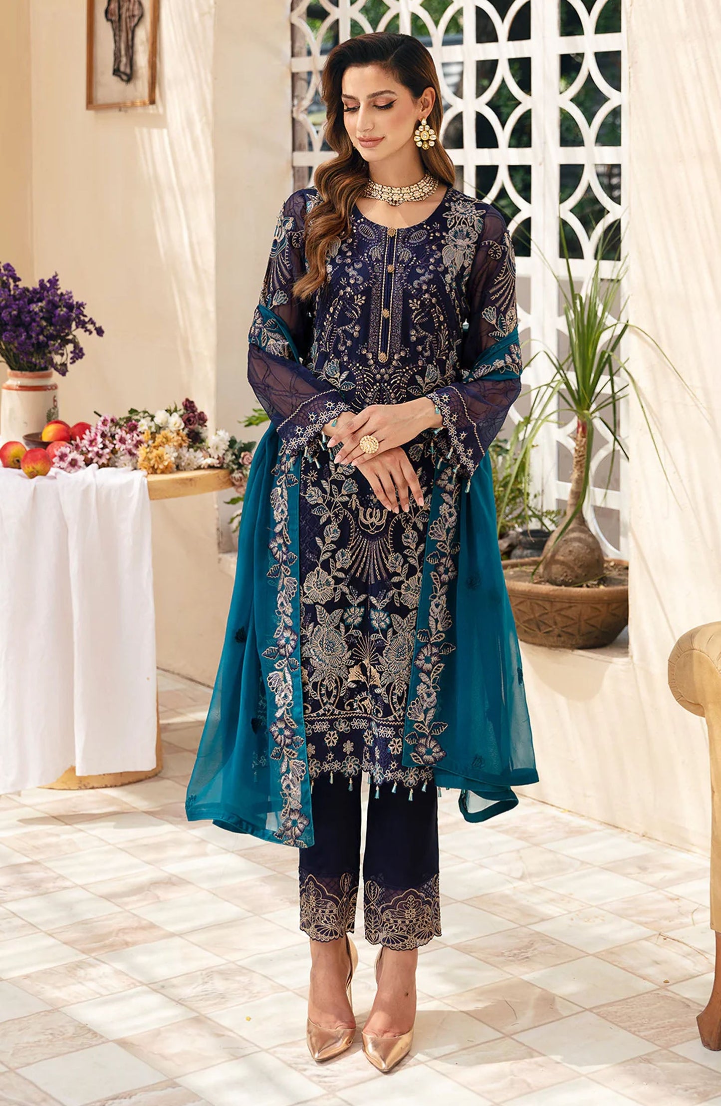 Chevron by Ramsha Embroidered Chiffon Unstitched 3 Piece Suit - A-903 - RM26CHRN - Blue - Festive Collection