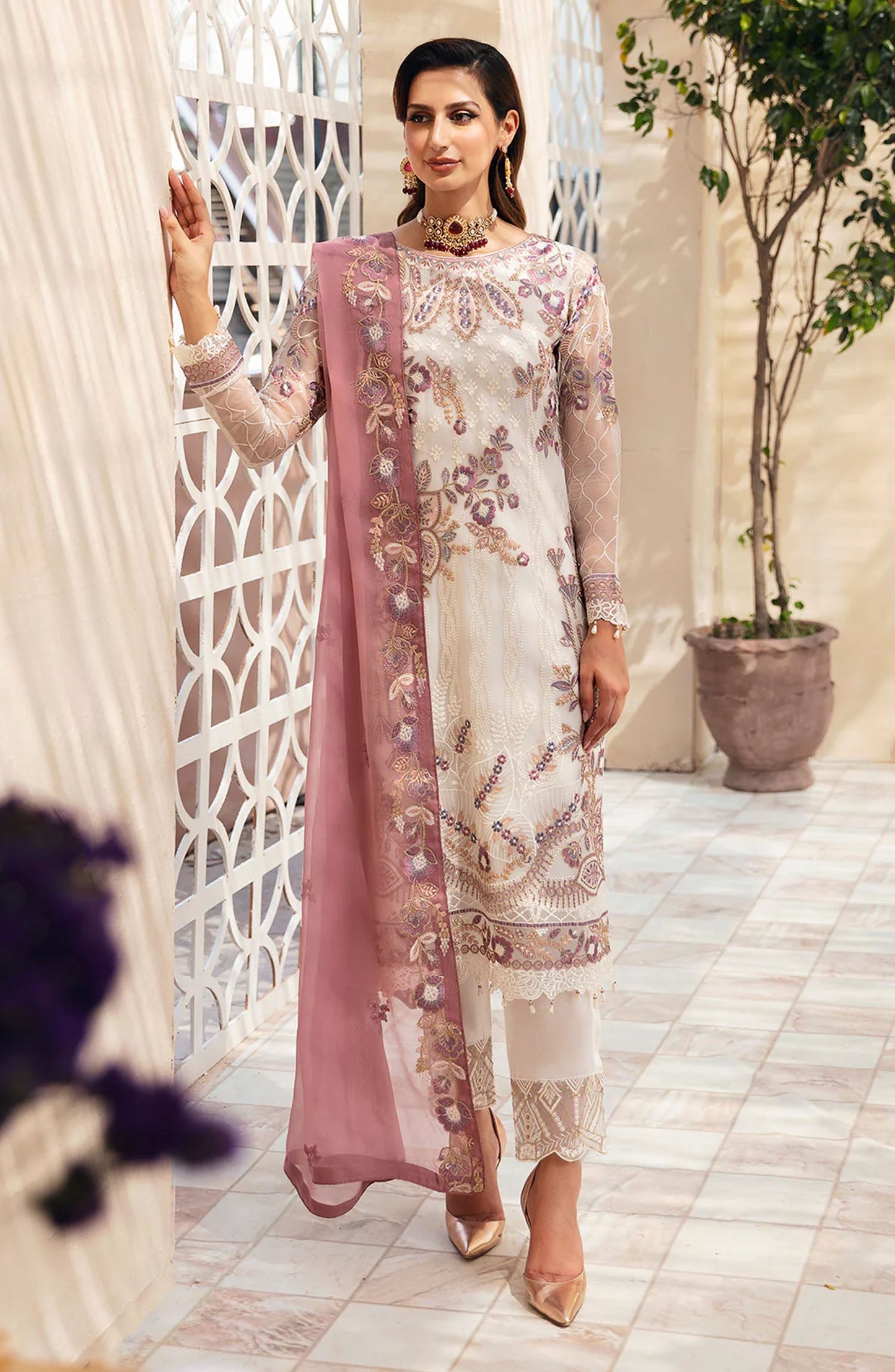 Chevron by Ramsha Embroidered Chiffon Unstitched 3 Piece Suit - A-902 - RM26CHRN - White - Festive Collection