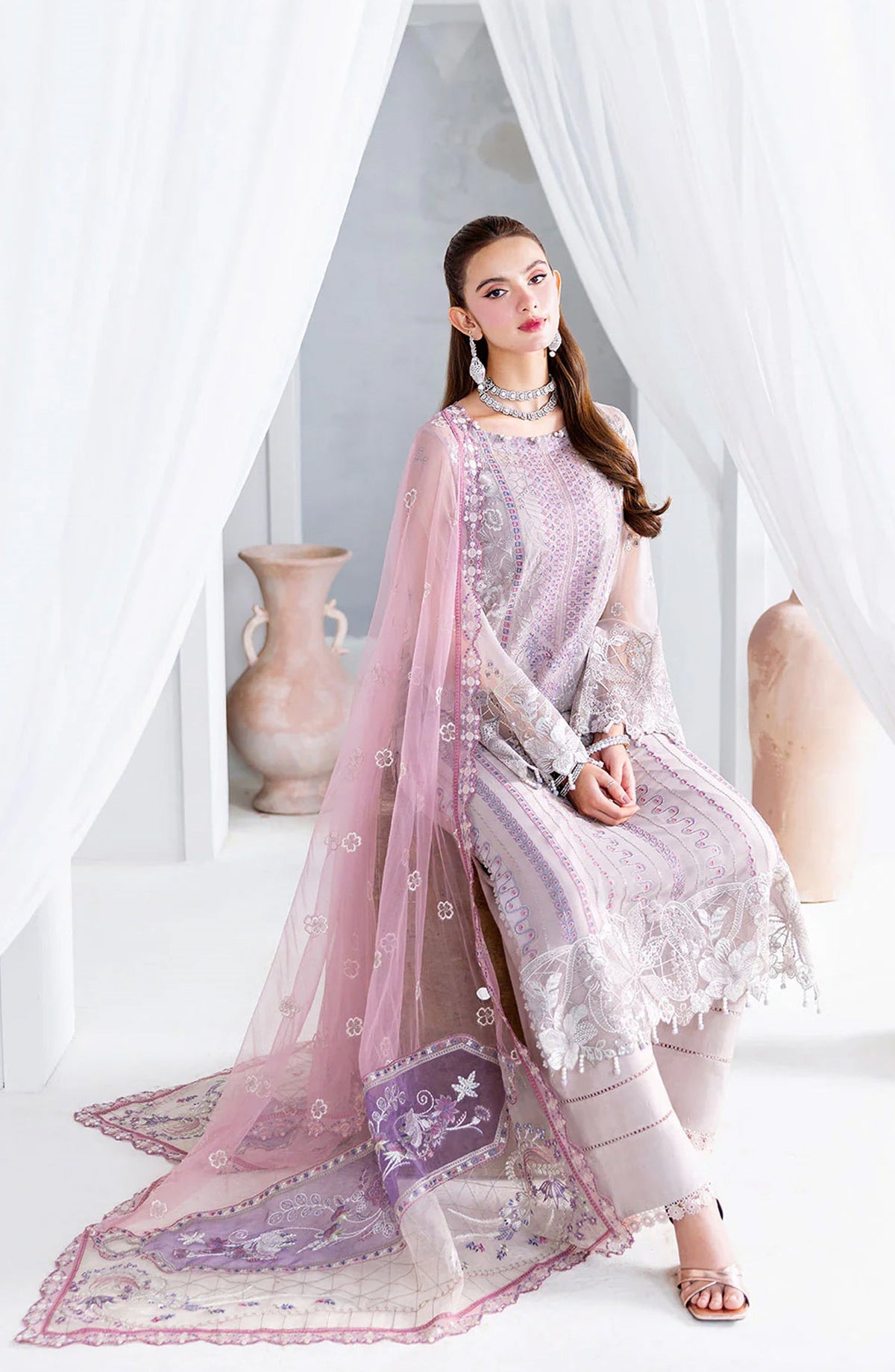 Ramsha Luxury Formals Embroidered Chiffon Stitched 3 Piece Suit - U-209 - RM25LFS - Pink - Signature Series