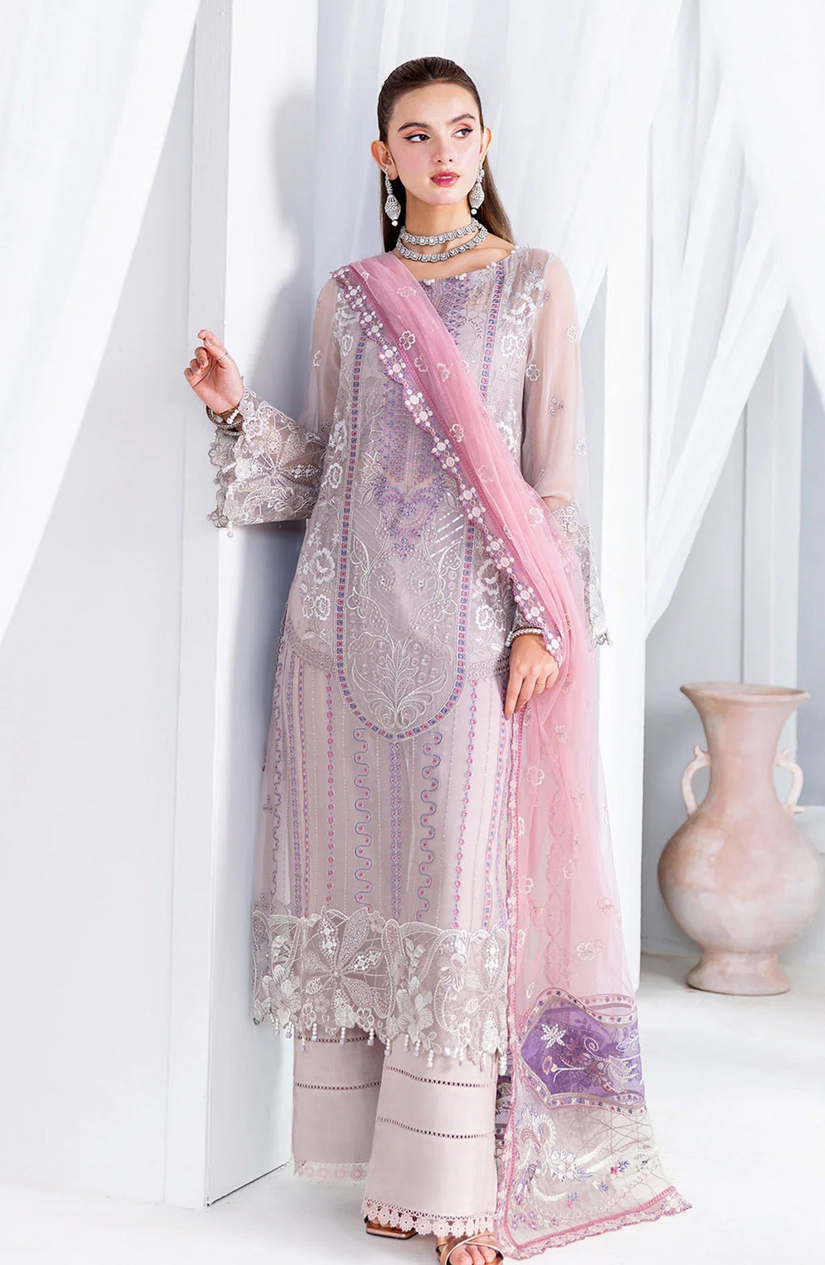 Ramsha Luxury Formals Embroidered Chiffon Stitched 3 Piece Suit - U-209 - RM25LFS - Pink - Signature Series
