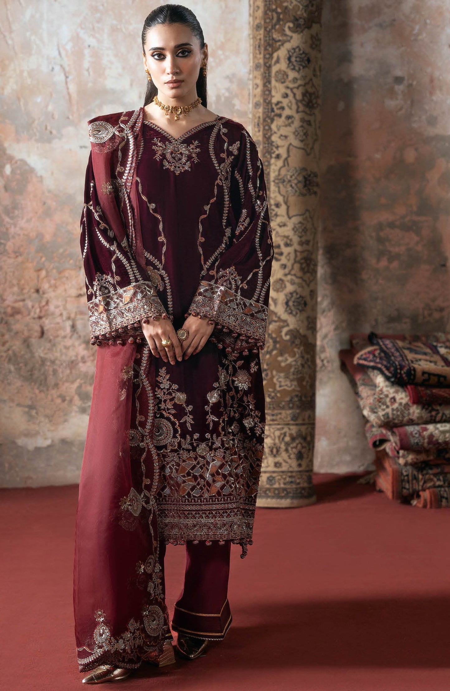 Ramsha Luxury Embroidered Velvet Unstitched 3 Piece Suit - V-701 - RM25VLT - Maroon - Winter Collection