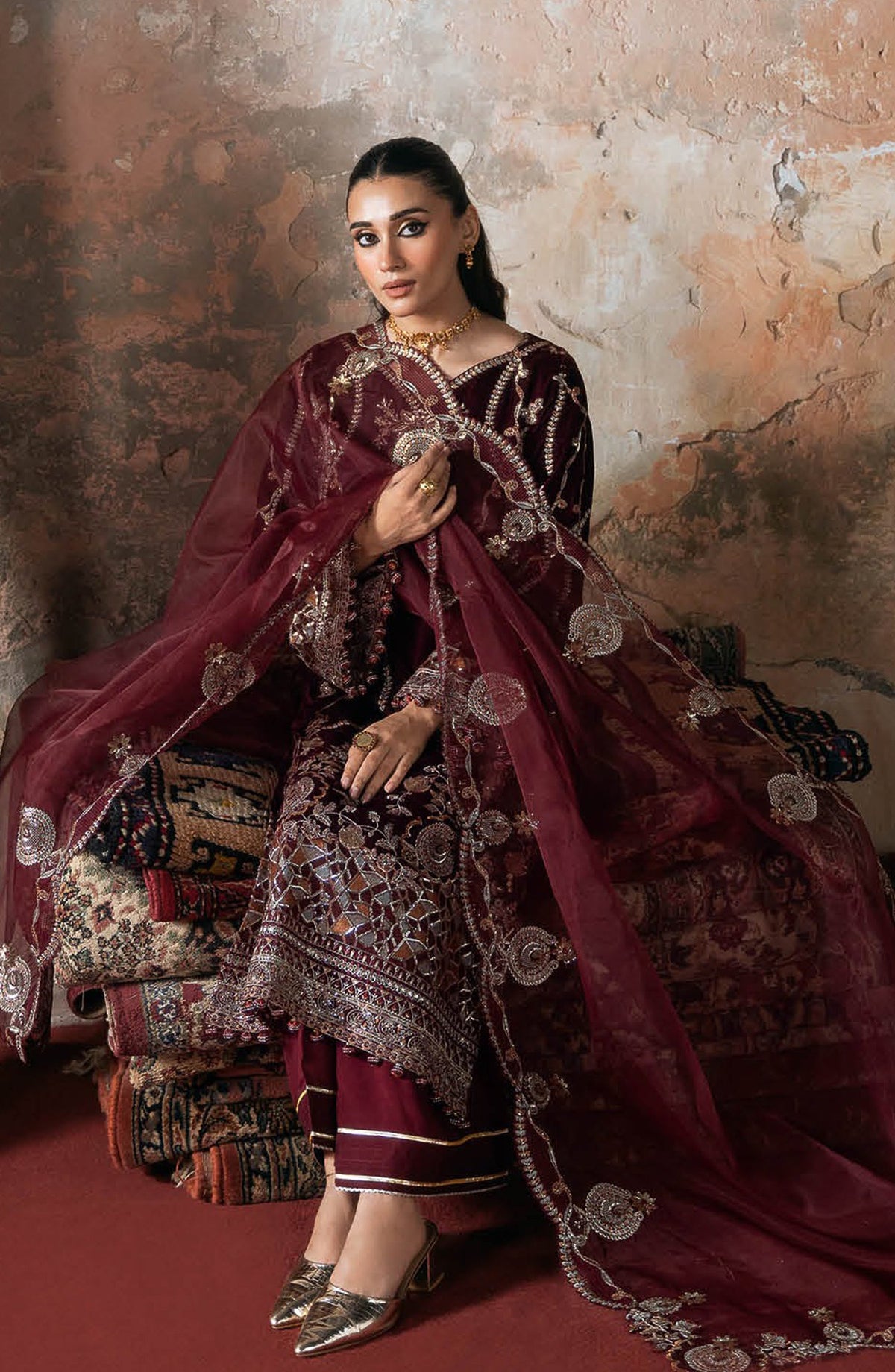 Ramsha Luxury Embroidered Velvet Unstitched 3 Piece Suit - V-701 - RM25VLT - Maroon - Winter Collection