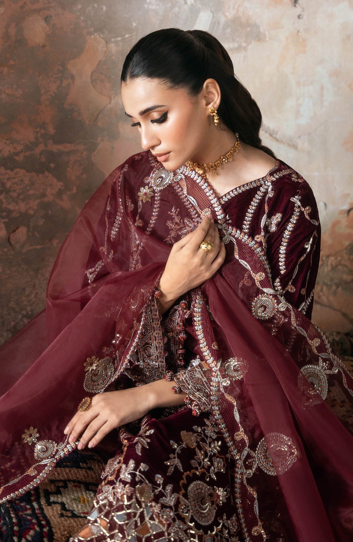 Ramsha Luxury Embroidered Velvet Unstitched 3 Piece Suit - V-701 - RM25VLT - Maroon - Winter Collection