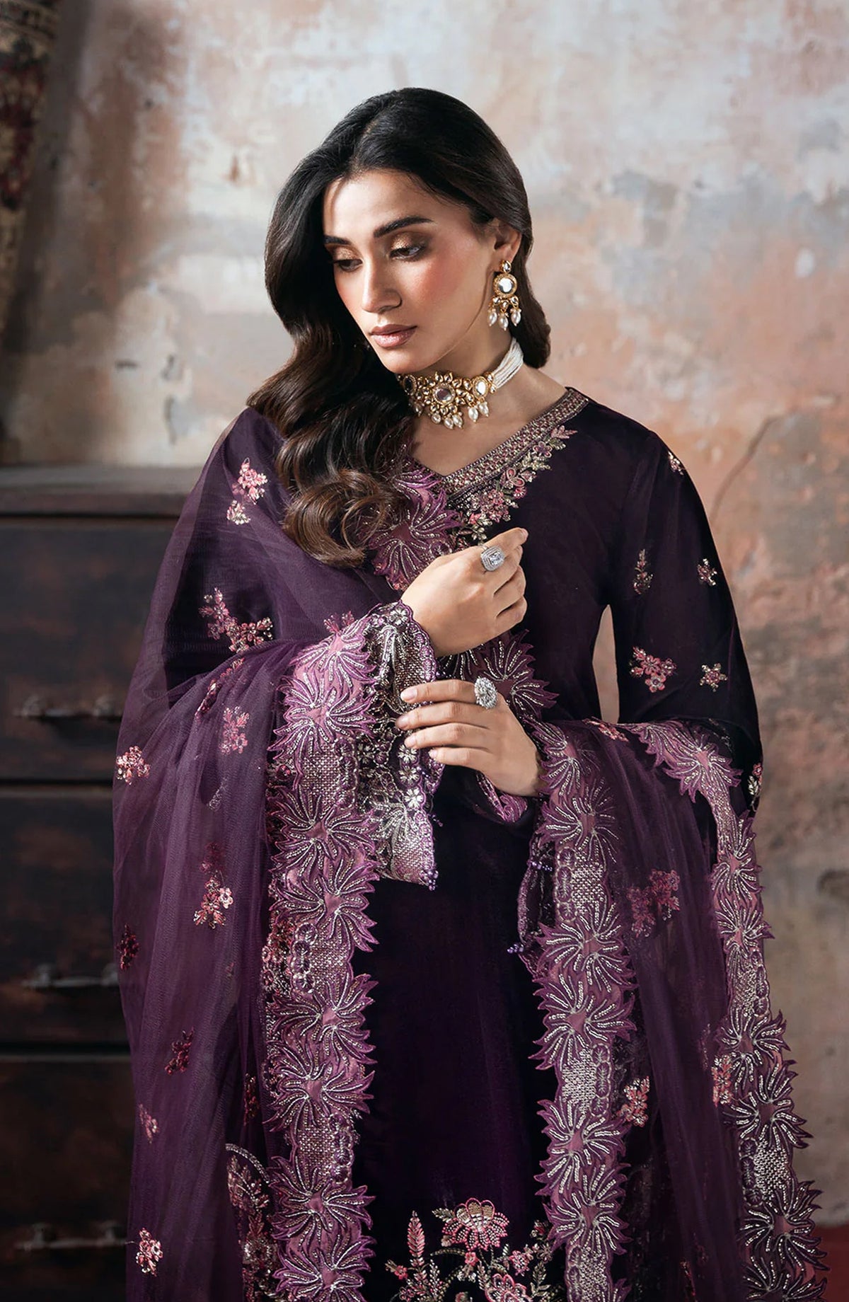 Ramsha Luxury Embroidered Velvet Unstitched 3 Piece Suit - V-704 - RM25VLT - Purple - Winter Collection