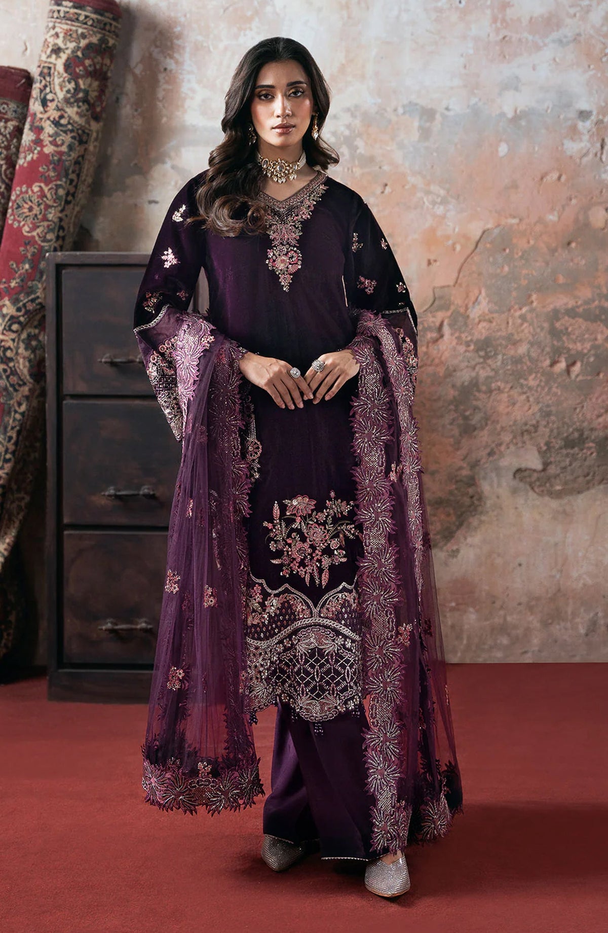 Ramsha Luxury Embroidered Velvet Unstitched 3 Piece Suit - V-704 - RM25VLT - Purple - Winter Collection