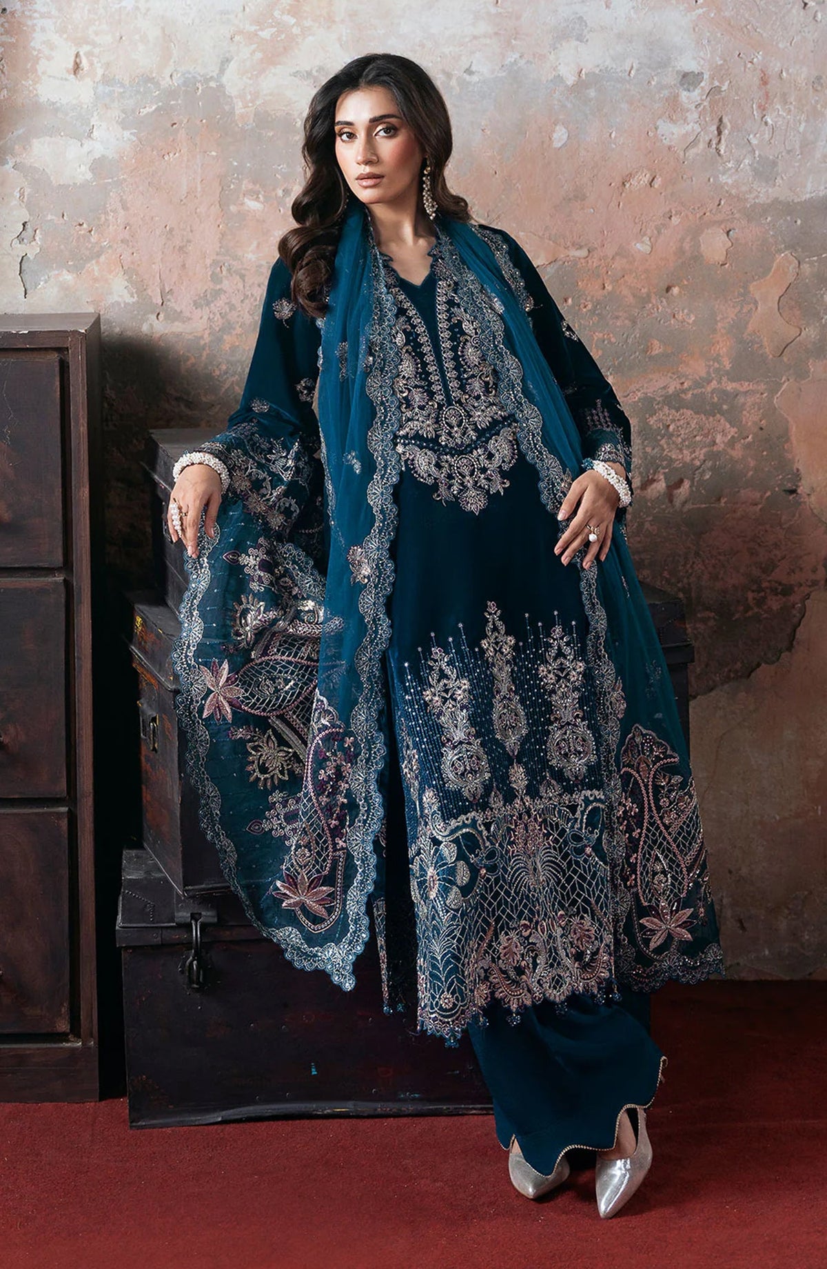 Ramsha Luxury Embroidered Velvet Unstitched 3 Piece Suit - V-707 - RM25VLT - Teal - Winter Collection