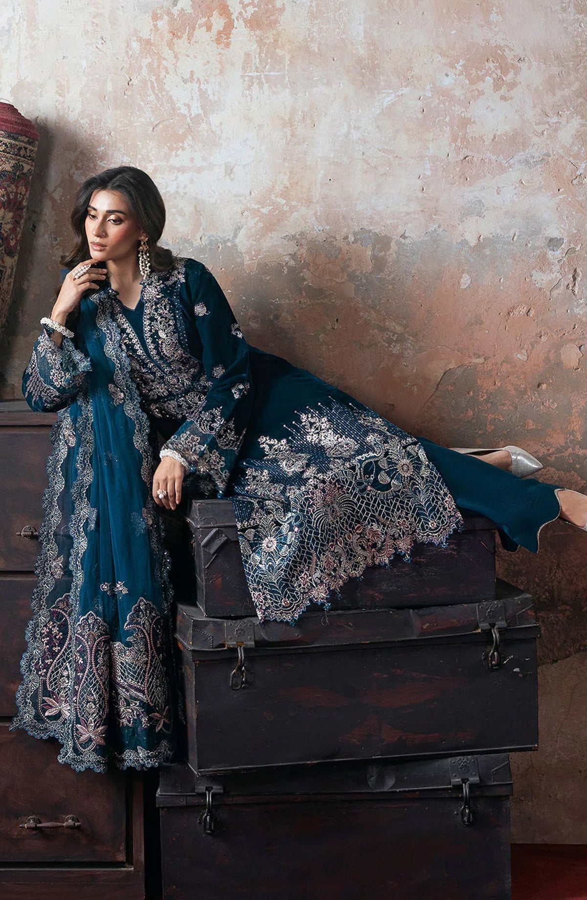 Ramsha Luxury Embroidered Velvet Unstitched 3 Piece Suit - V-707 - RM25VLT - Teal - Winter Collection