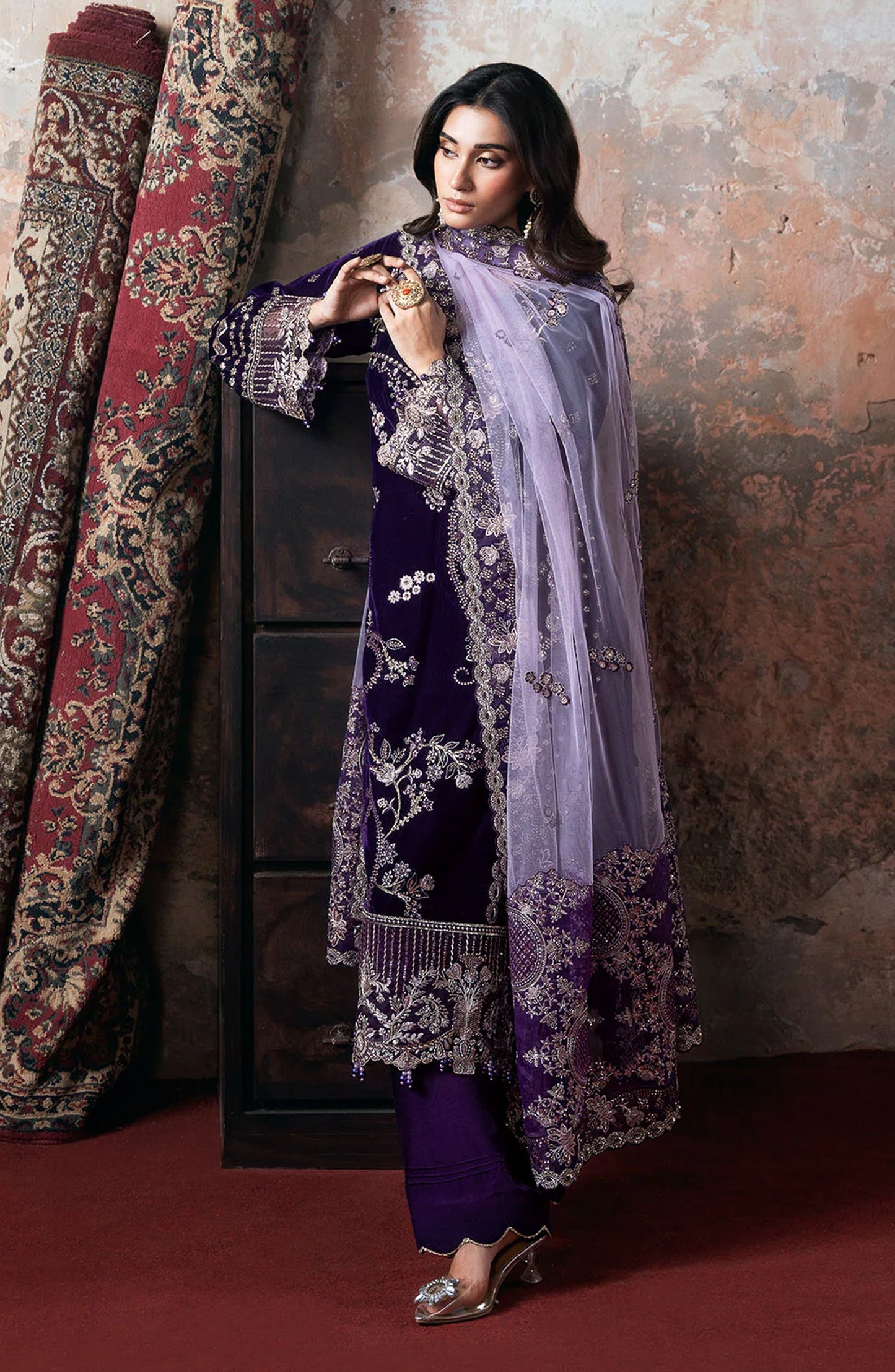 Ramsha Luxury Embroidered Velvet Unstitched 3 Piece Suit - V-708 - RM25VLT - Purple - Winter Collection