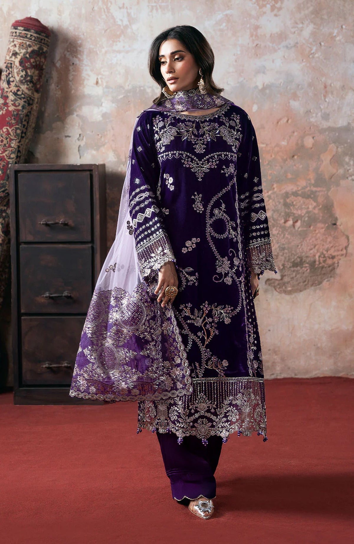 Ramsha Luxury Embroidered Velvet Unstitched 3 Piece Suit - V-708 - RM25VLT - Purple - Winter Collection