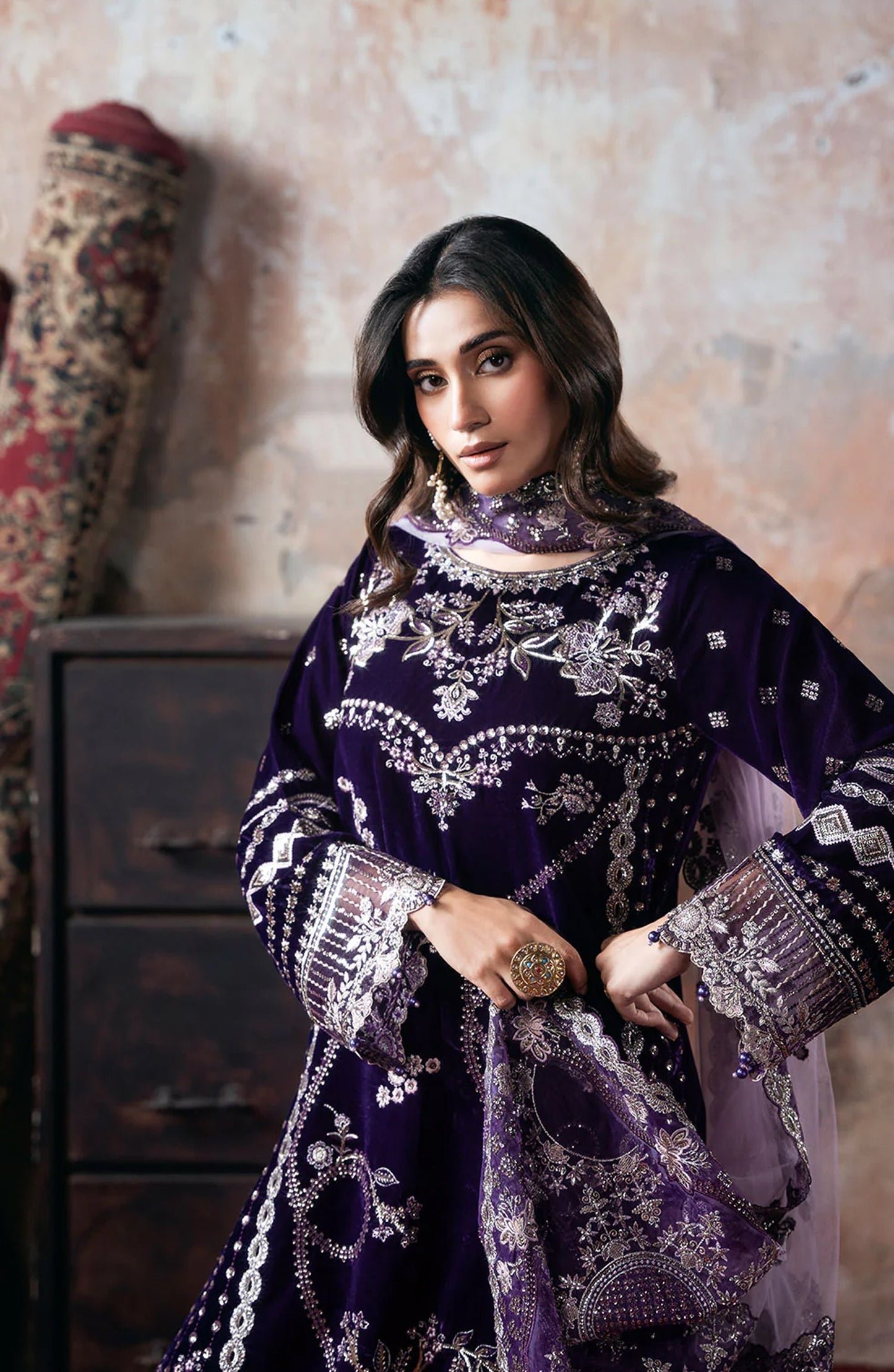Ramsha Luxury Embroidered Velvet Unstitched 3 Piece Suit - V-708 - RM25VLT - Purple - Winter Collection