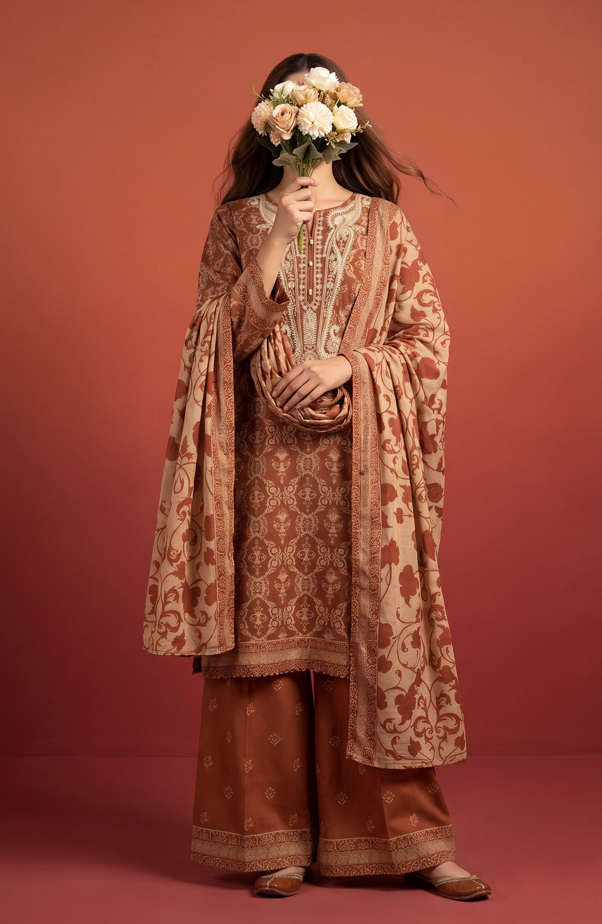 Rang e Bahar by Amna Khadija Embroidered Lawn Stitched 3 Piece Suit - AKRB-07 - AM26RNB - Rust - Summer Collection