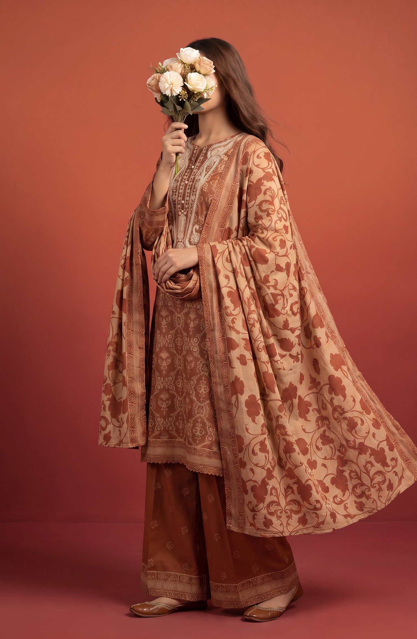 Rang e Bahar by Amna Khadija Embroidered Lawn Stitched 3 Piece Suit - AKRB-07 - AM26RNB - Rust - Summer Collection