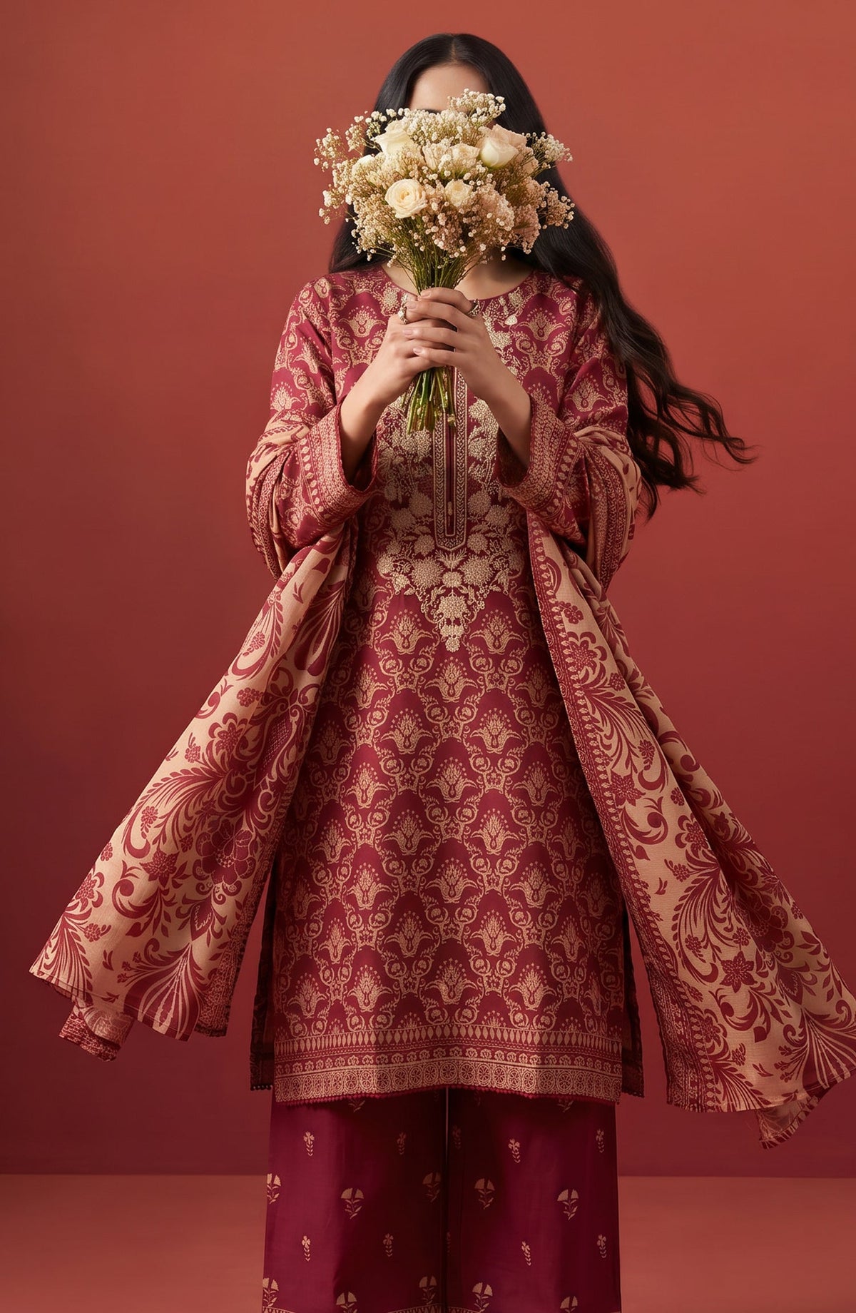 Rang e Bahar by Amna Khadija Embroidered Lawn Stitched 3 Piece Suit - AKRB-09 - AM26RNB - Maroon - Summer Collection