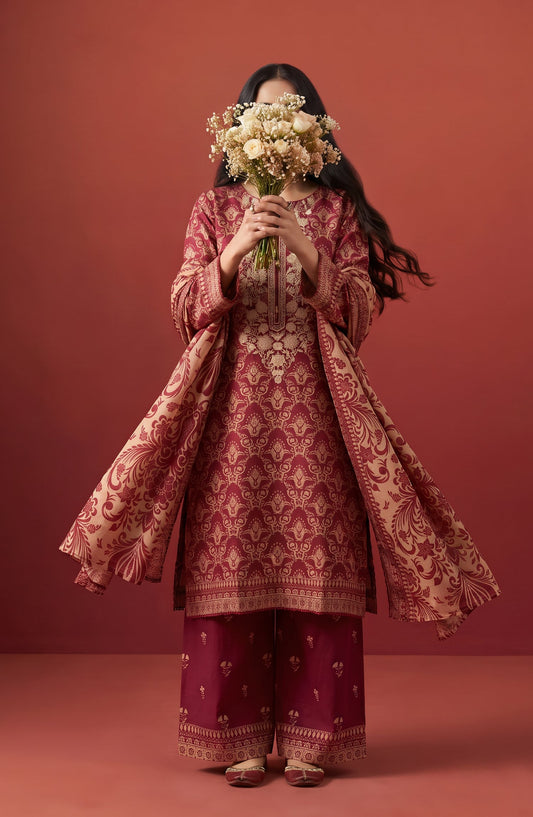 Rang e Bahar by Amna Khadija Embroidered Lawn Stitched 3 Piece Suit - AKRB-09 - AM26RNB - Maroon - Summer Collection