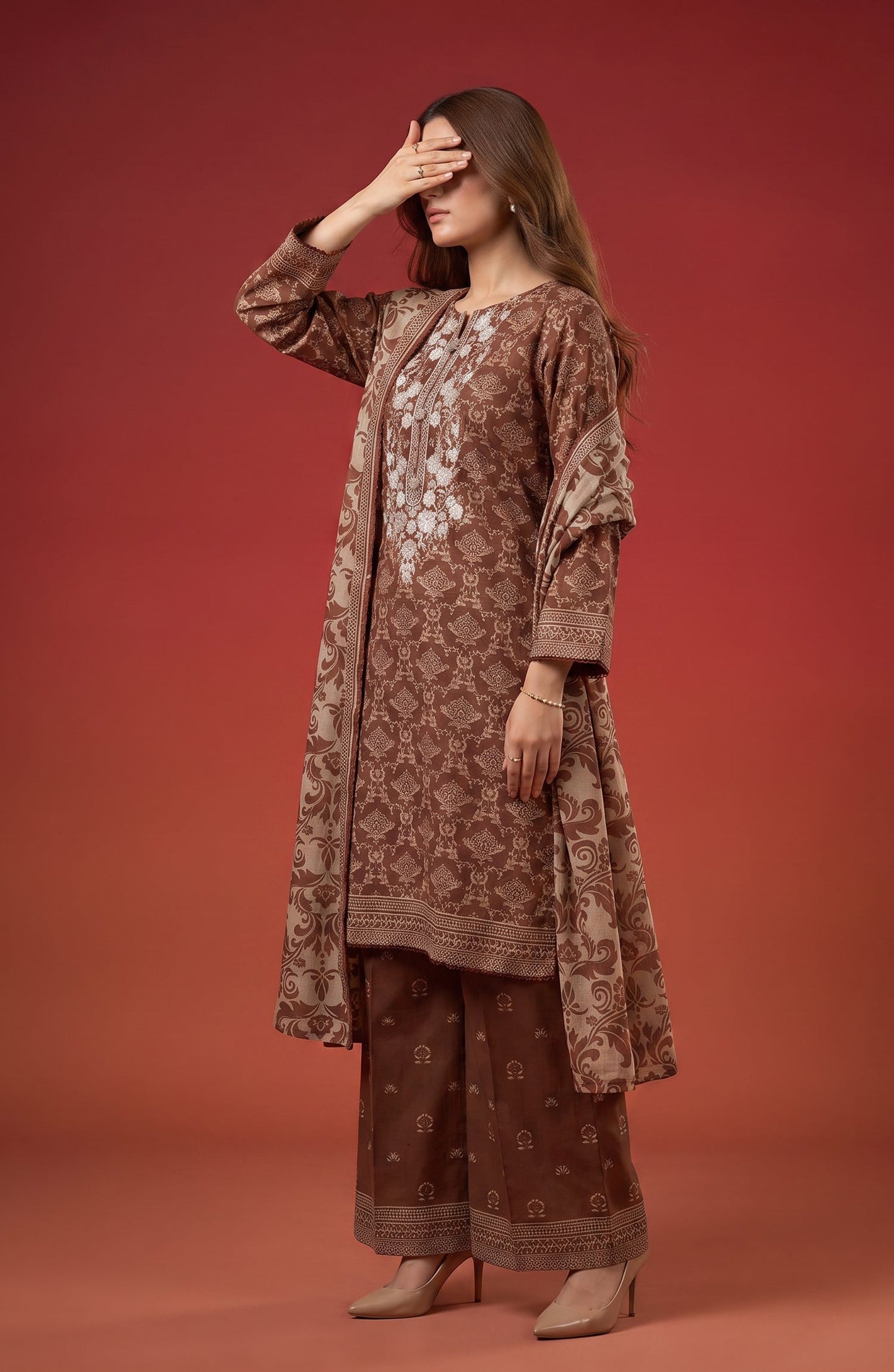 Rang e Bahar by Amna Khadija Embroidered Lawn Stitched 3 Piece Suit - AKRB-10 - AM26RNB - Brown - Summer Collection