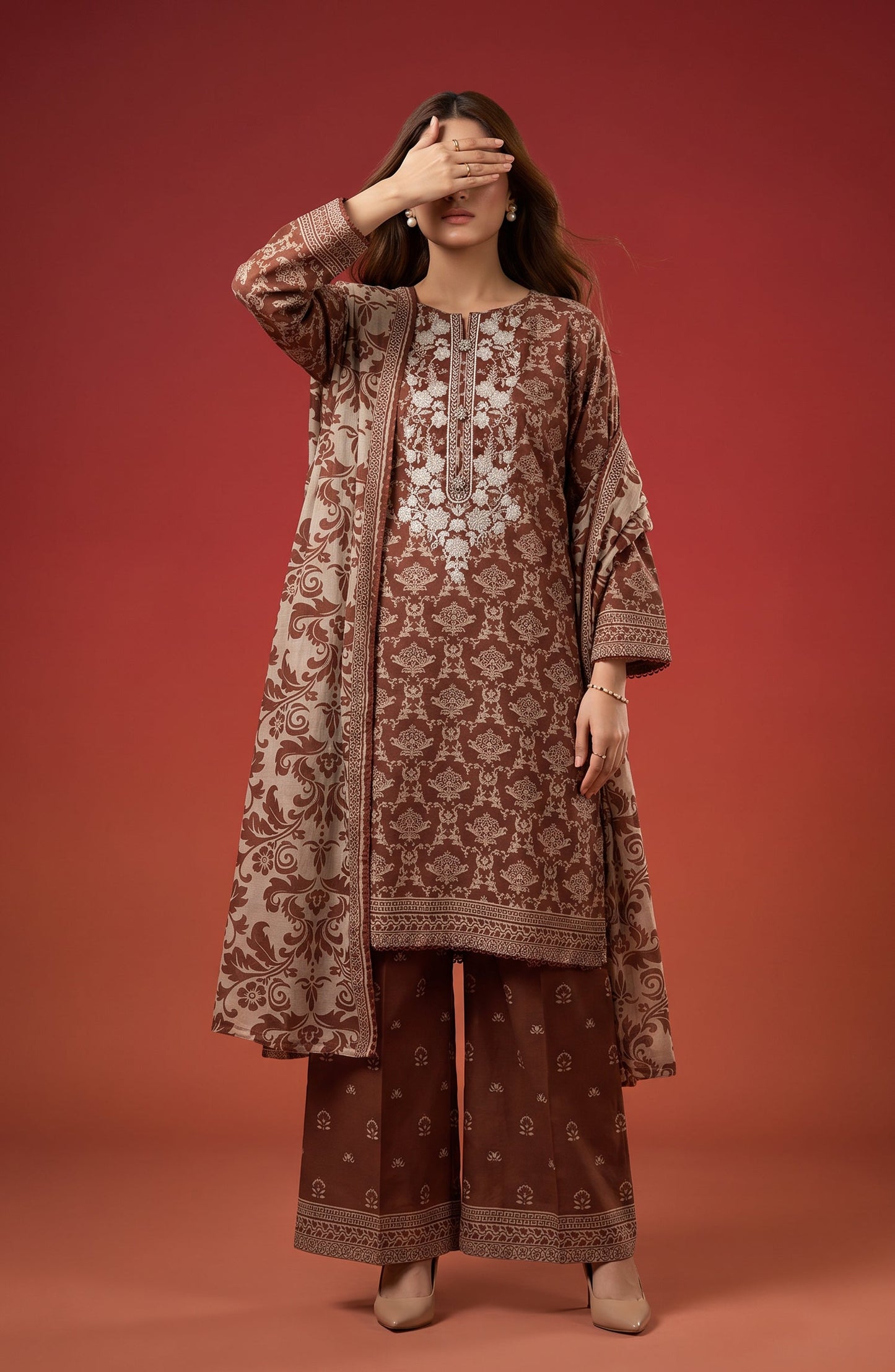 Rang e Bahar by Amna Khadija Embroidered Lawn Stitched 3 Piece Suit - AKRB-10 - AM26RNB - Brown - Summer Collection