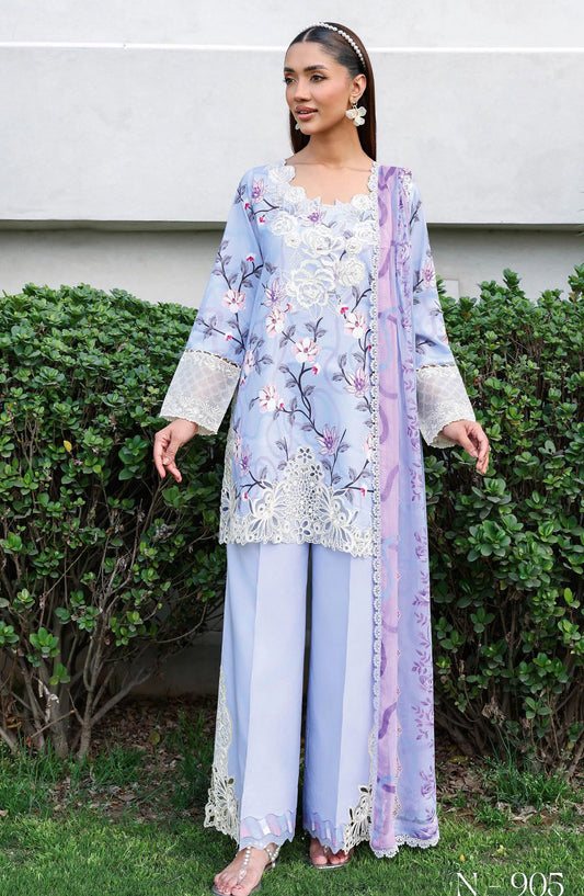 Rangrez by Ramsha Luxury Embroidered Lawn Unstitched 3 Piece Suit - N-905 - RM26REZ - Blue - Summer Collection
