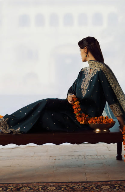 Rekha by Casual Lite Embroidered Silk Viscose Stitched 3 Piece Suit - 05 Zebba - CL26RKH - Teal - Festive Collection