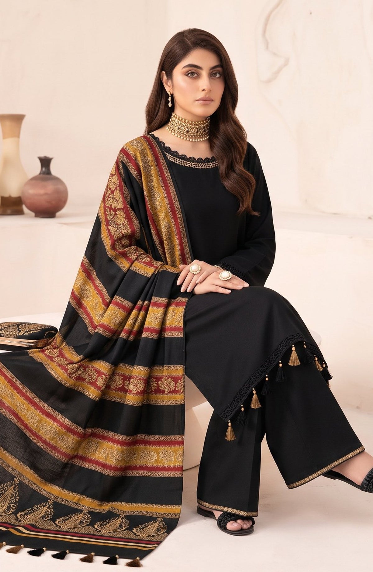 Resham by Amna Khadija Dhanak Unstitched 3 Piece Suit - D-02 - AM26REM - Black - Winter Collection