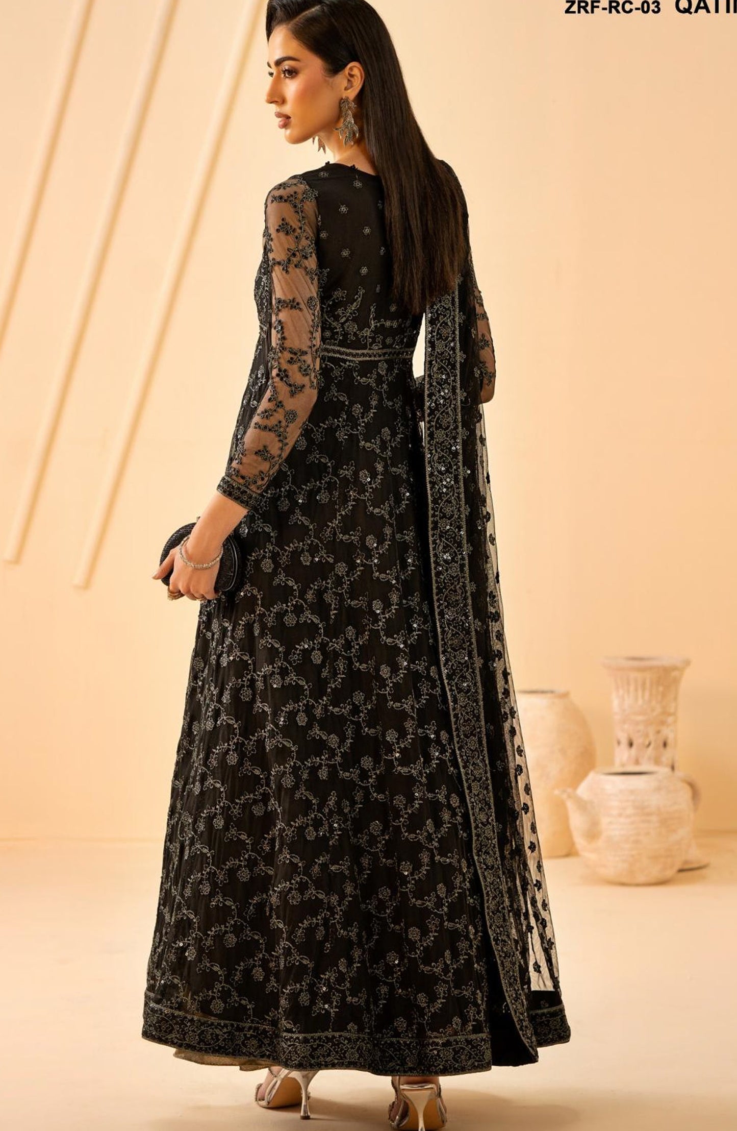 Riwayat by Zarif Embroidered Net Unstitched 3 Piece Suit - RC-03 QATIM - ZRF26RWT - Black - Festive Collection
