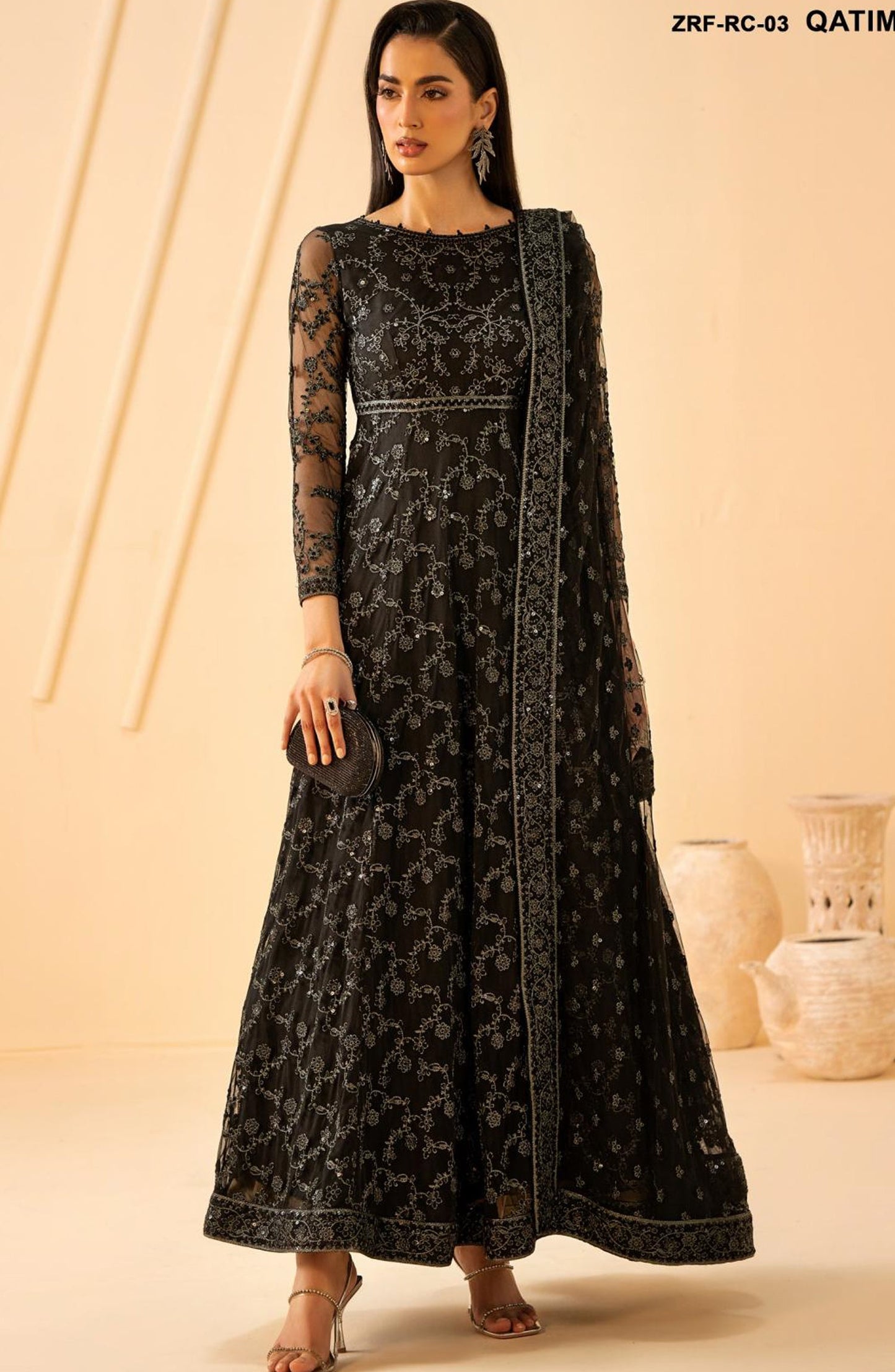 Riwayat by Zarif Embroidered Net Unstitched 3 Piece Suit - RC-03 QATIM - ZRF26RWT - Black - Festive Collection