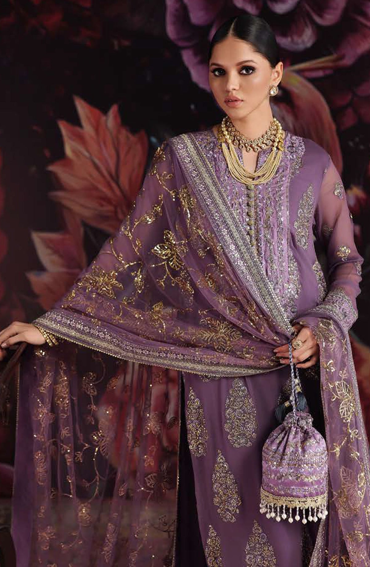 Roheenaz Royale Eternel Embroidered Chiffon Unstitched 3 Piece Suit - 103 Blush Whisper - RH26RYL - Purple - Festive Collection