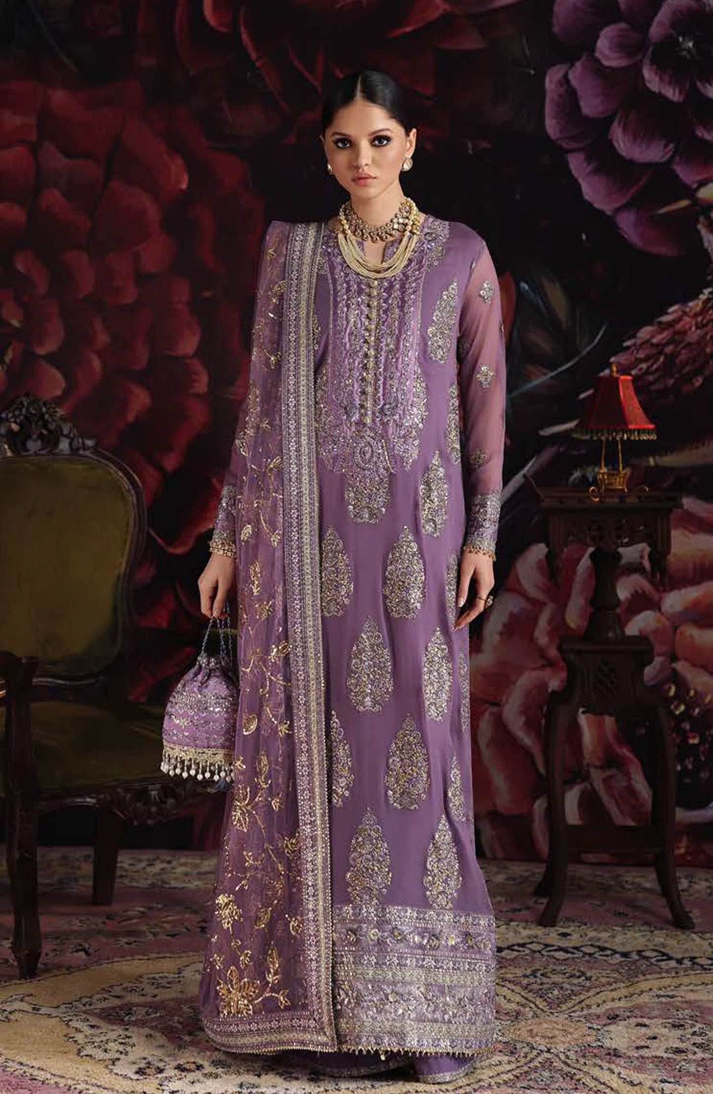 Roheenaz Royale Eternel Embroidered Chiffon Unstitched 3 Piece Suit - 103 Blush Whisper - RH26RYL - Purple - Festive Collection