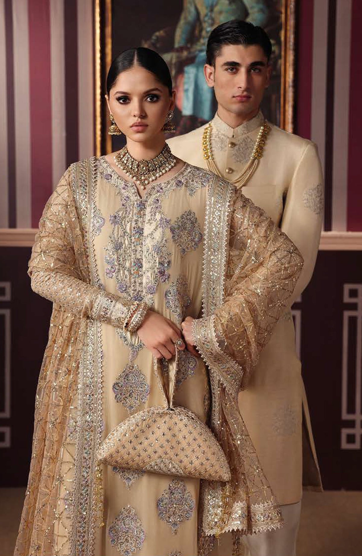 Roheenaz Royale Eternel Embroidered Chiffon Unstitched 3 Piece Suit - 104 Empress Glow - RH26RYL - Gold - Festive Collection