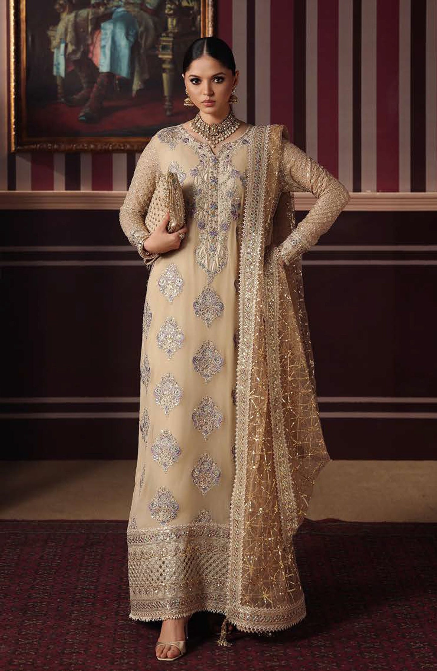 Roheenaz Royale Eternel Embroidered Chiffon Unstitched 3 Piece Suit - 104 Empress Glow - RH26RYL - Gold - Festive Collection