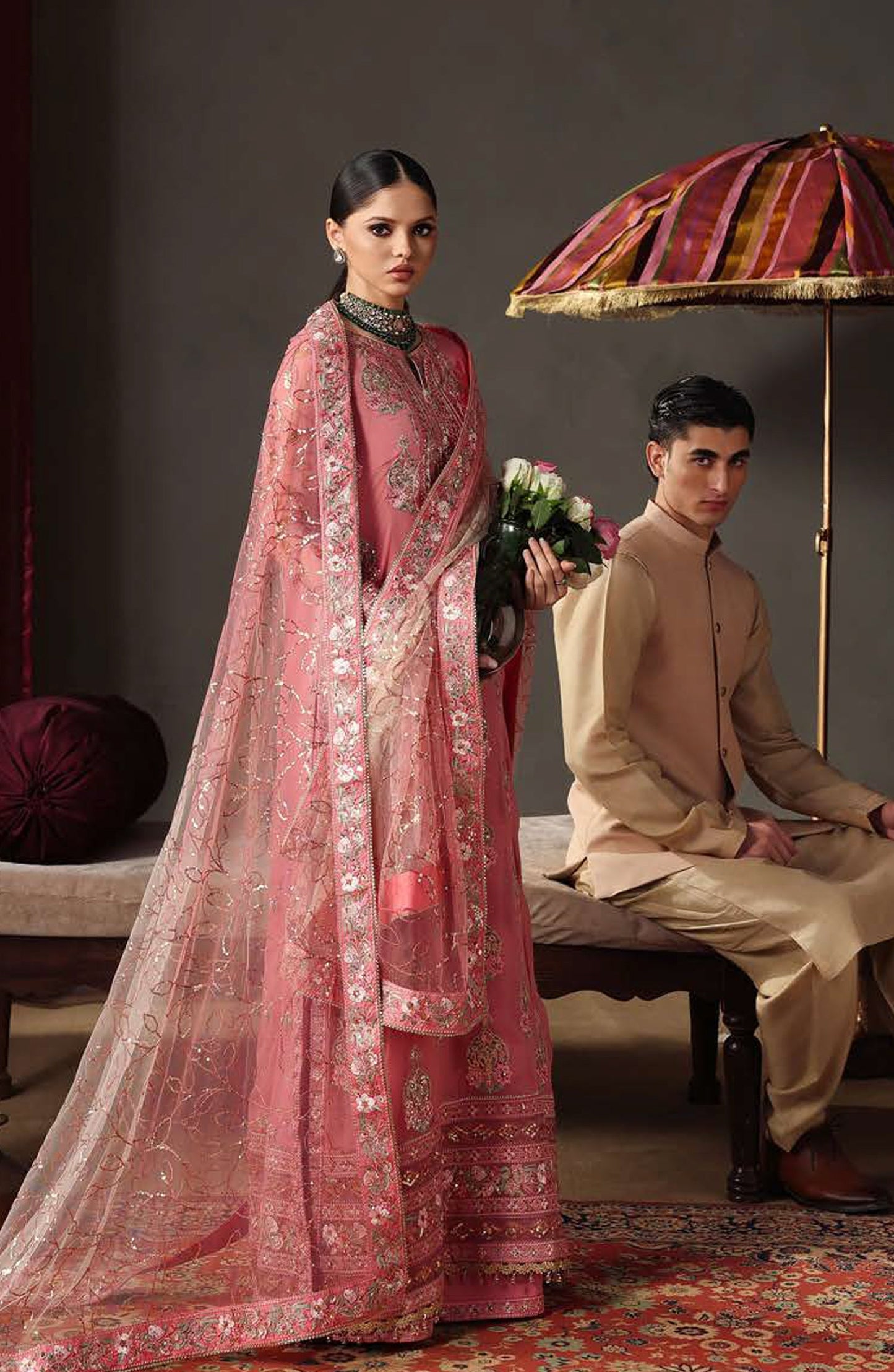 Roheenaz Royale Eternel Embroidered Chiffon Unstitched 3 Piece Suit - 105 Noble Allure - RH26RYL - Pink - Festive Collection