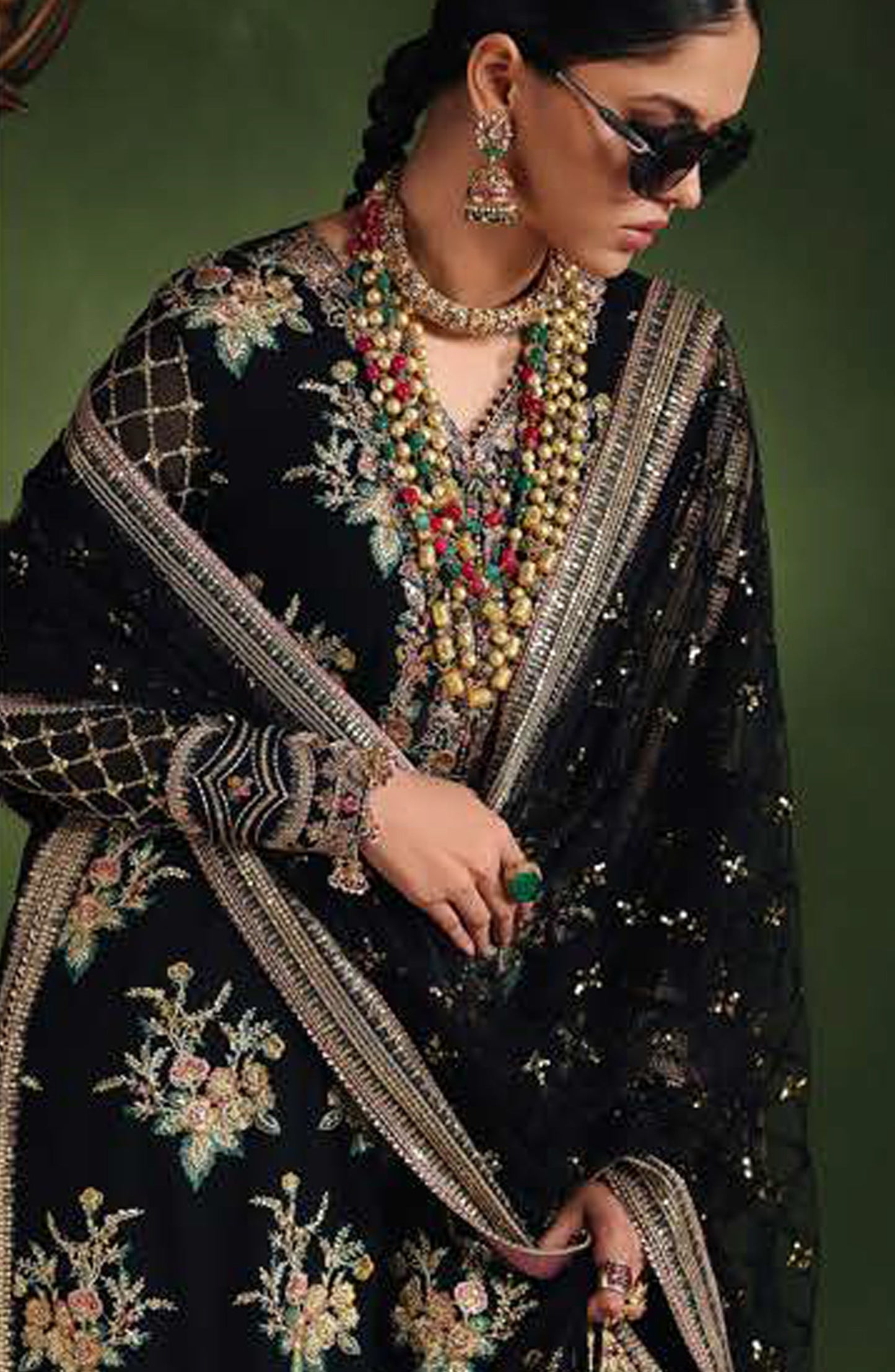 Roheenaz Royale Eternel Embroidered Chiffon Unstitched 3 Piece Suit - 107 Radiant Muse - RH26RYL - Black - Festive Collection