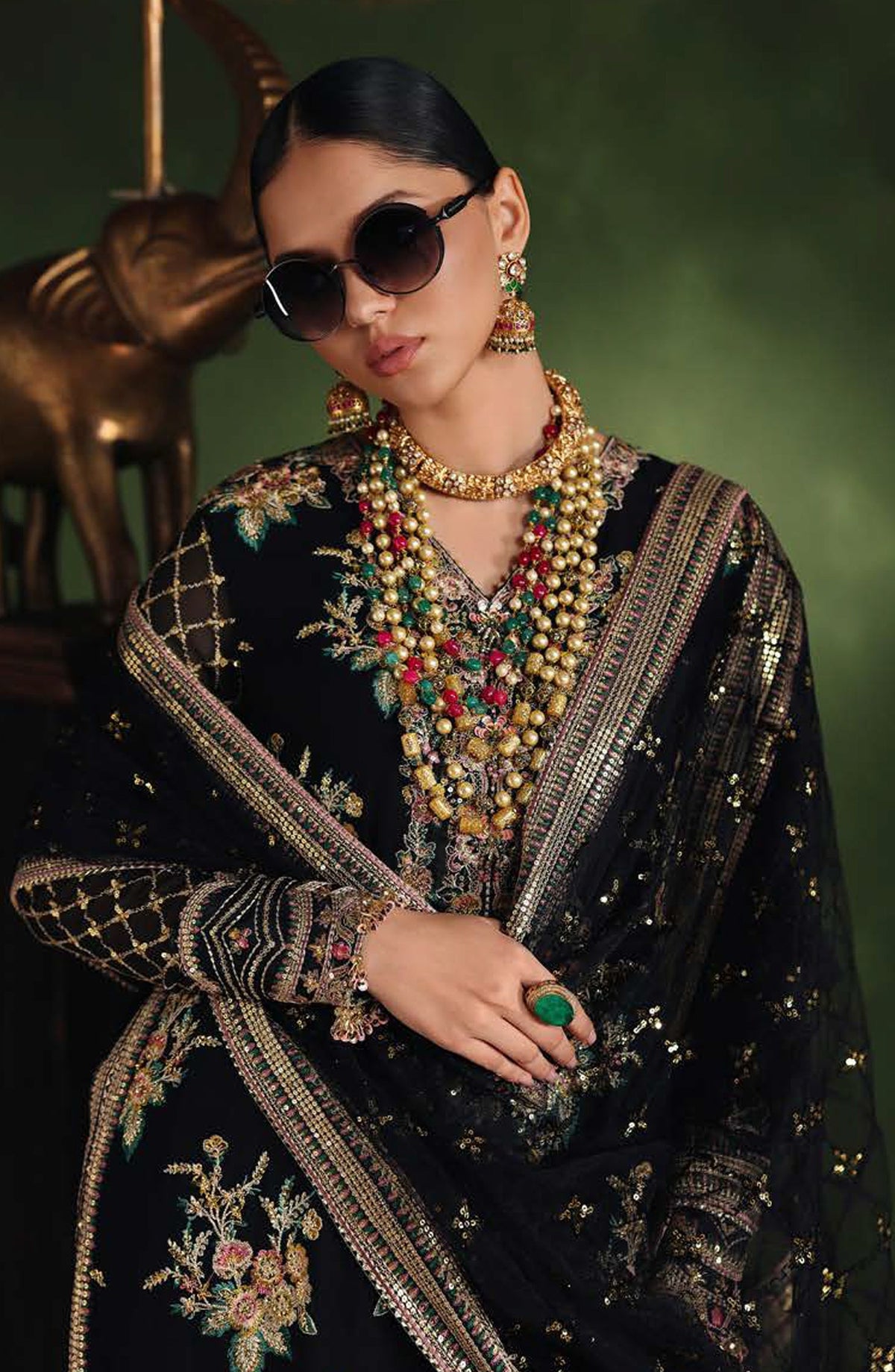Roheenaz Royale Eternel Embroidered Chiffon Unstitched 3 Piece Suit - 107 Radiant Muse - RH26RYL - Black - Festive Collection