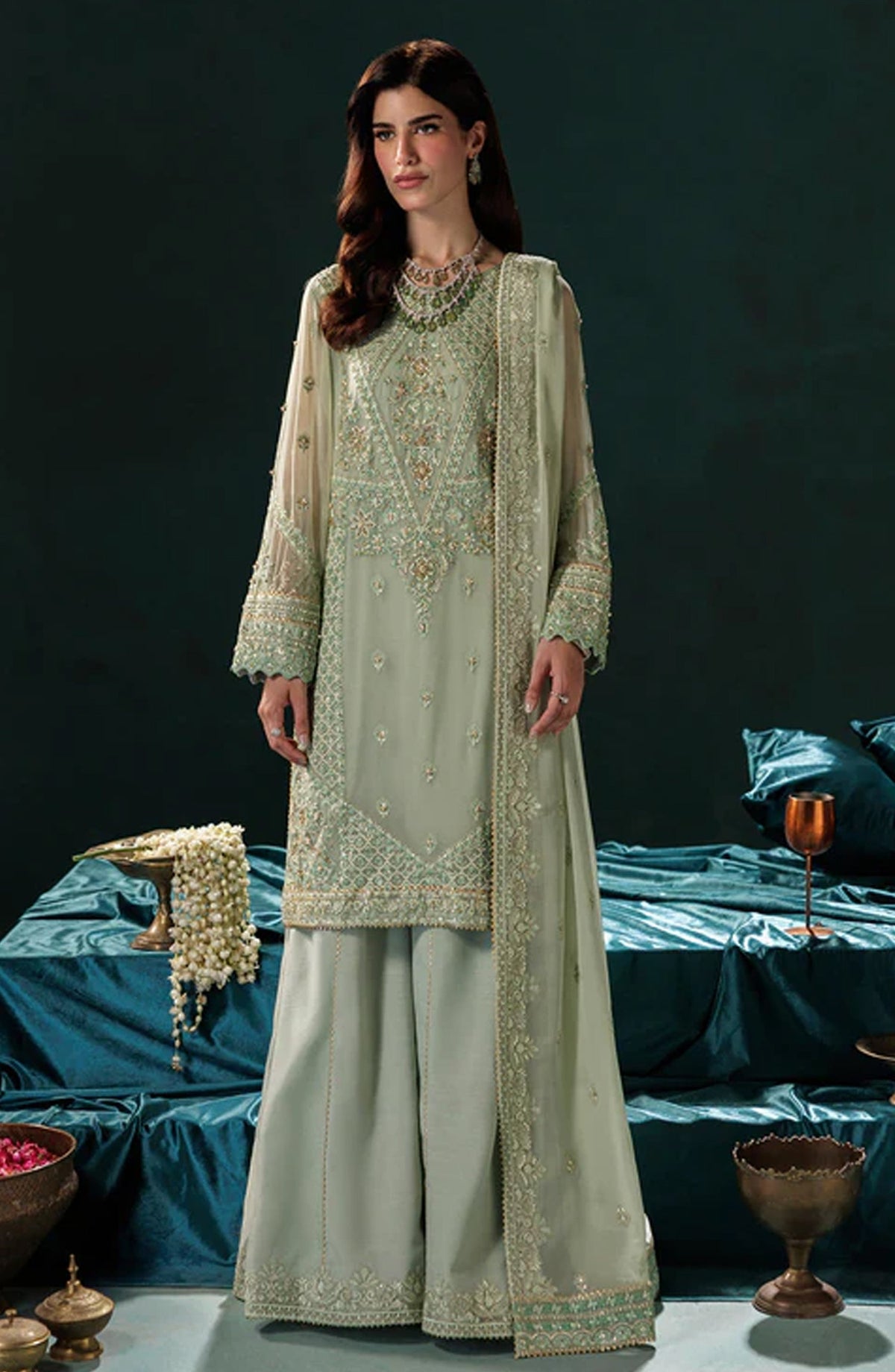 Saad Shaikh x Meeral Panache Luxury Embroidered Chiffon Unstitched 3 Piece Suit - D-09 - SSH25PN - Green - Formals Collection