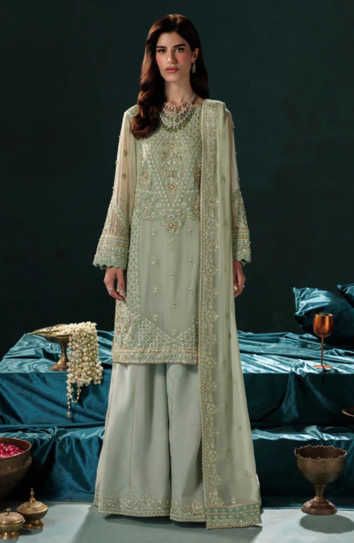 Saad Shaikh x Meeral Panache Luxury Embroidered Chiffon Unstitched 3 Piece Suit - D-09 - SSH25PN - Green - Formals Collection