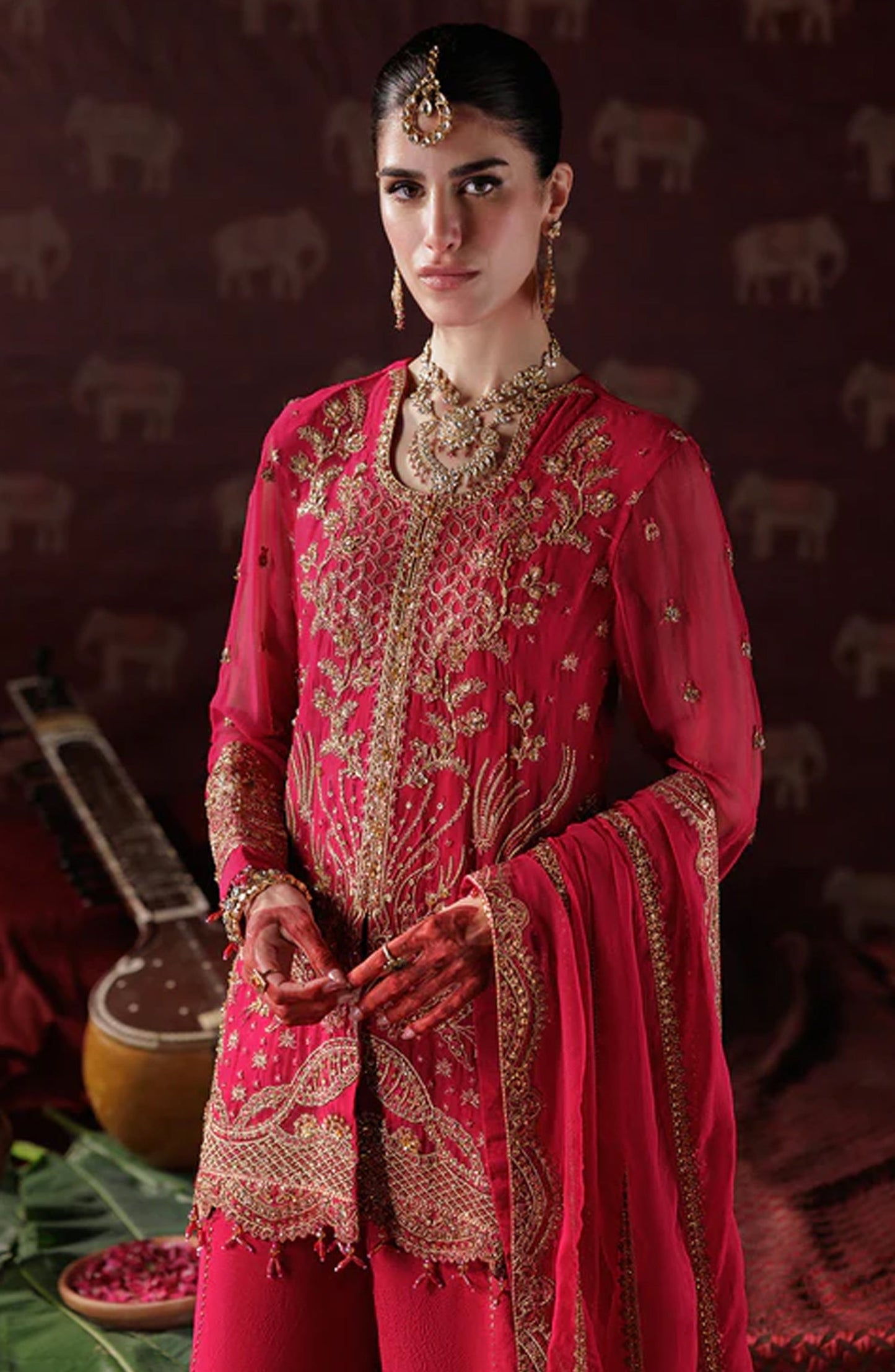 Saad Shaikh x Meeral Panache Luxury Embroidered Chiffon Unstitched 3 Piece Suit - D-01 - SSH25PN - Red - Formals Collection