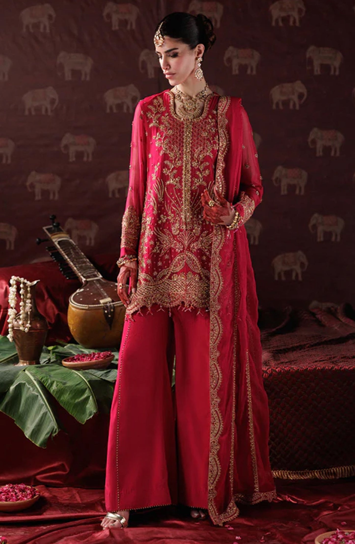Saad Shaikh x Meeral Panache Luxury Embroidered Chiffon Unstitched 3 Piece Suit - D-01 - SSH25PN - Red - Formals Collection