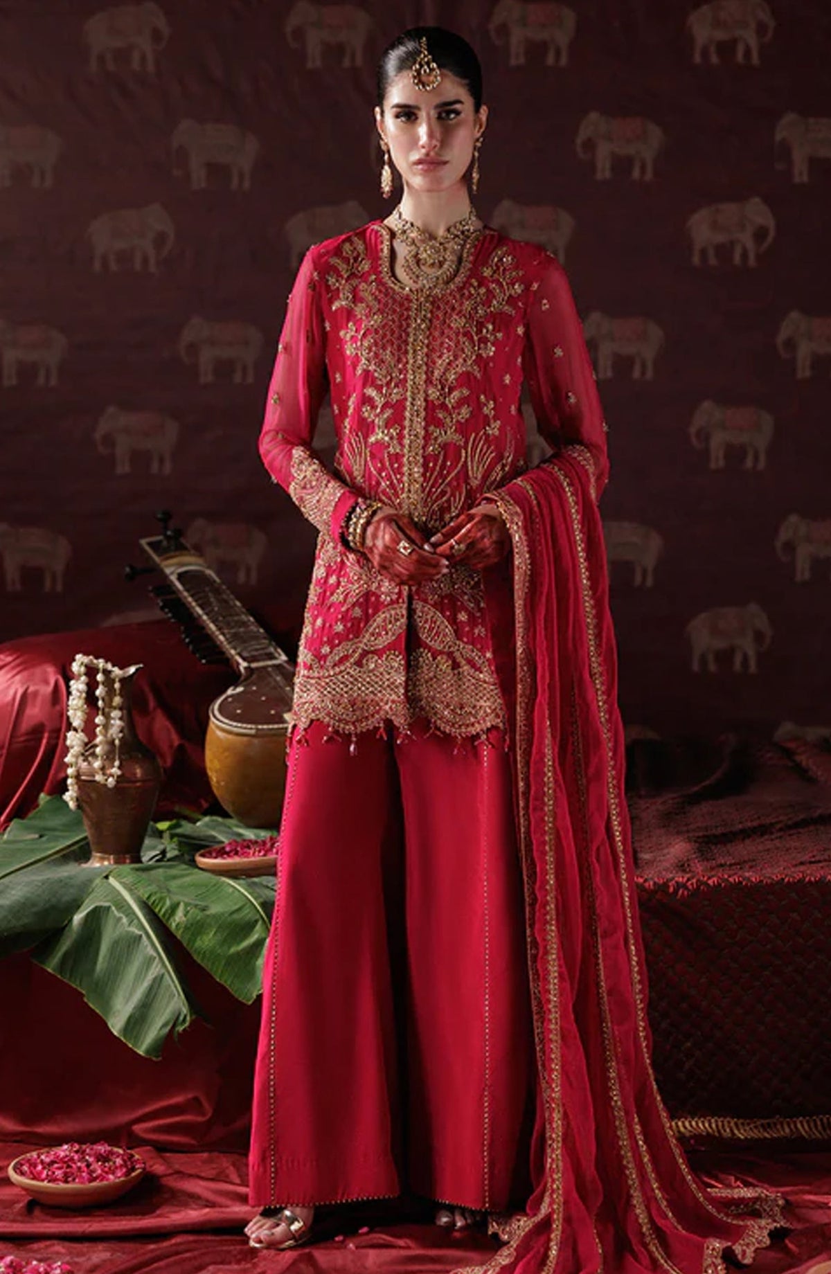 Saad Shaikh x Meeral Panache Luxury Embroidered Chiffon Unstitched 3 Piece Suit - D-01 - SSH25PN - Red - Formals Collection