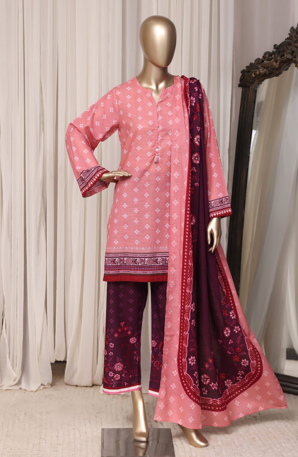 Sadabahar Printed Khaddar Stitched 3 Piece Suit - D-04 - SBD26RPN - Pink - Winter Collection
