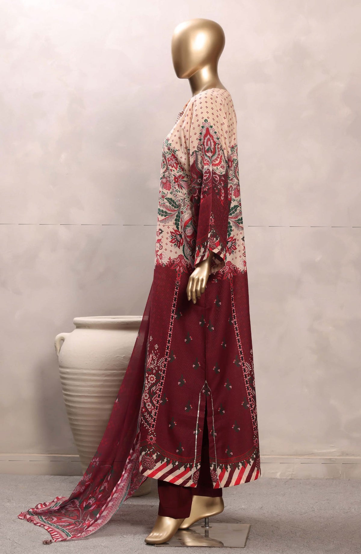 Sadabahar Printed Chamti Cotton Stitched Kaftan 3 Piece Suit - D-06 - SBD26TRF - Cream/Red - Summer Collection