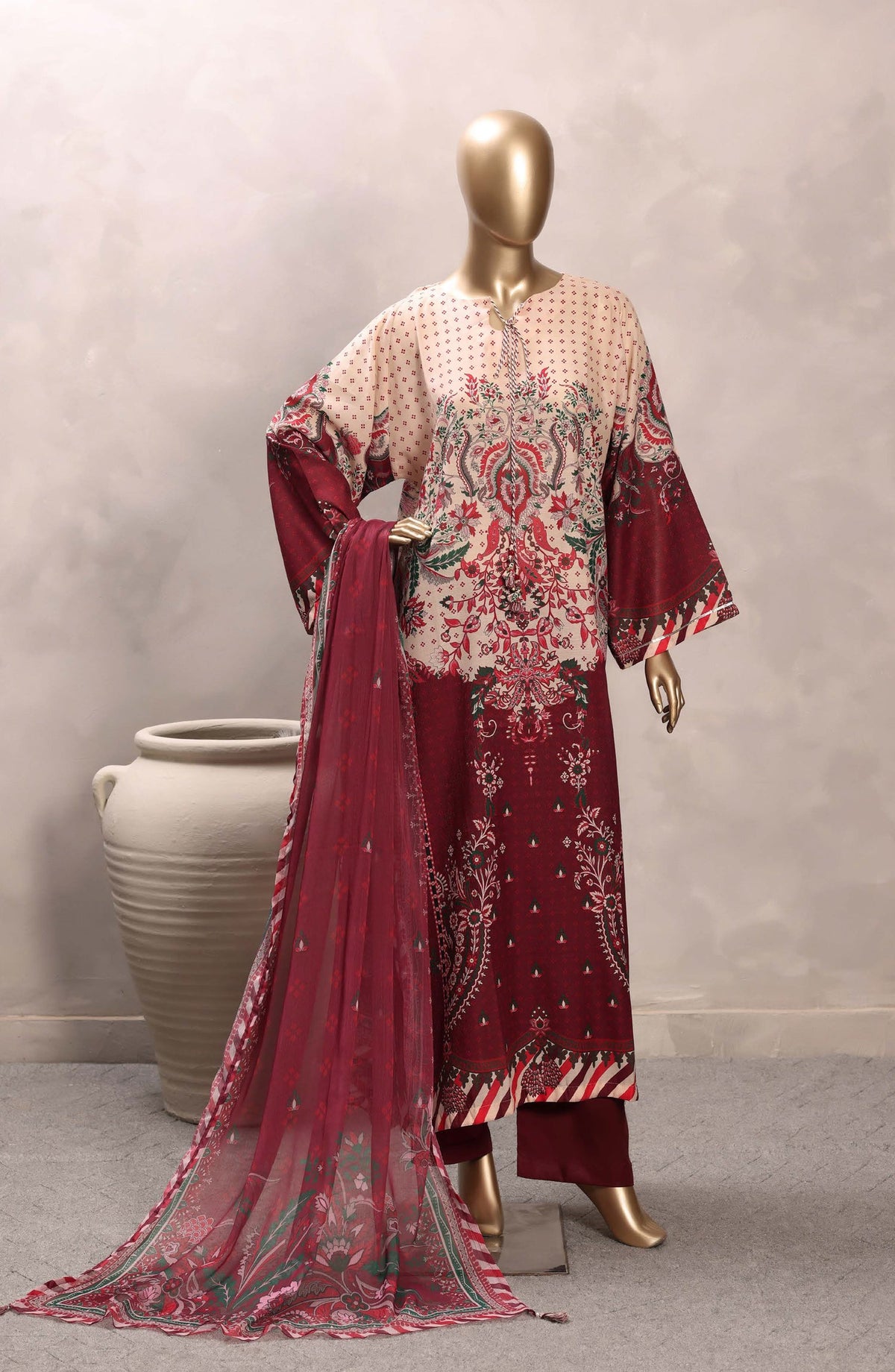 Sadabahar Printed Chamti Cotton Stitched Kaftan 3 Piece Suit - D-06 - SBD26TRF - Cream/Red - Summer Collection
