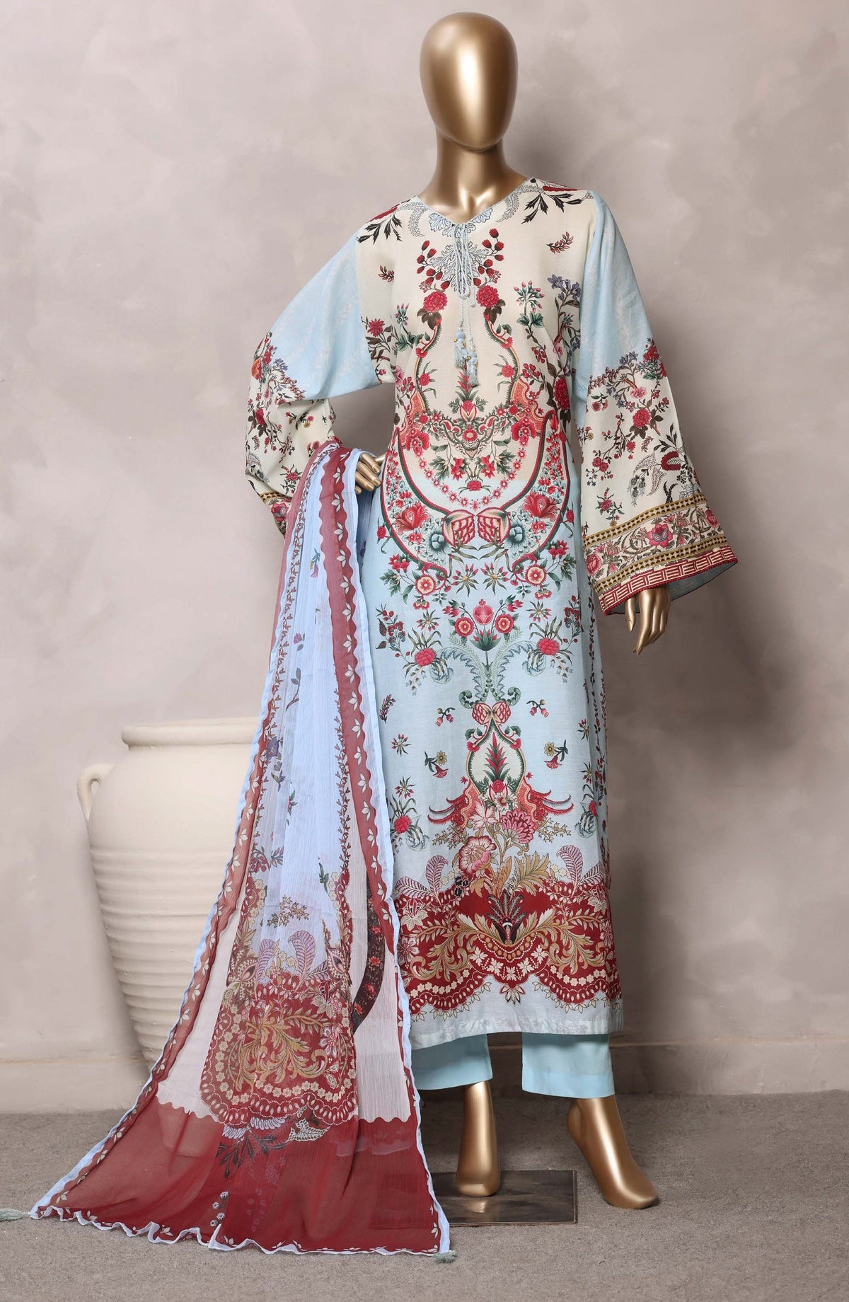 Sadabahar Printed Chamti Cotton Stitched Kaftan 3 Piece Suit - D-03 - SBD26TRF - Sky Blue - Summer Collection