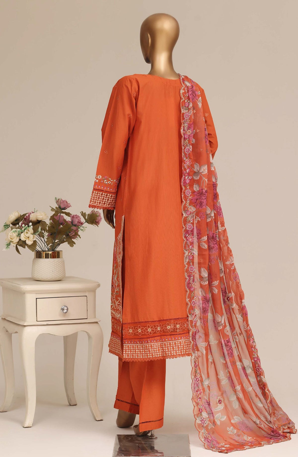 Sadabahar Luxury Embroidered Cotton Stitched 3 Piece Suit - D-03 - SBD26LSVN - Orange - Festive Collection