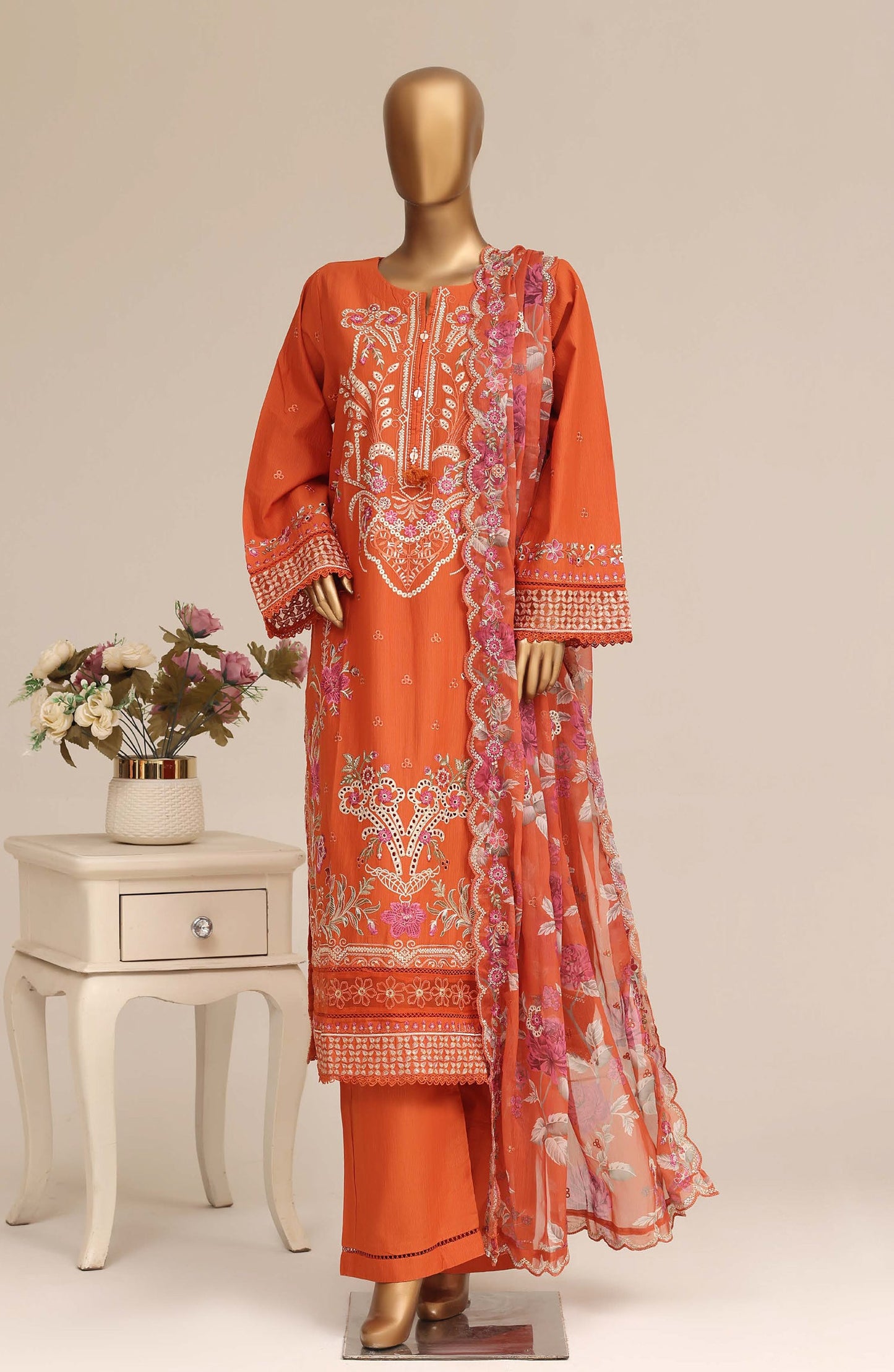 Sadabahar Luxury Embroidered Cotton Stitched 3 Piece Suit - D-03 - SBD26LSVN - Orange - Festive Collection