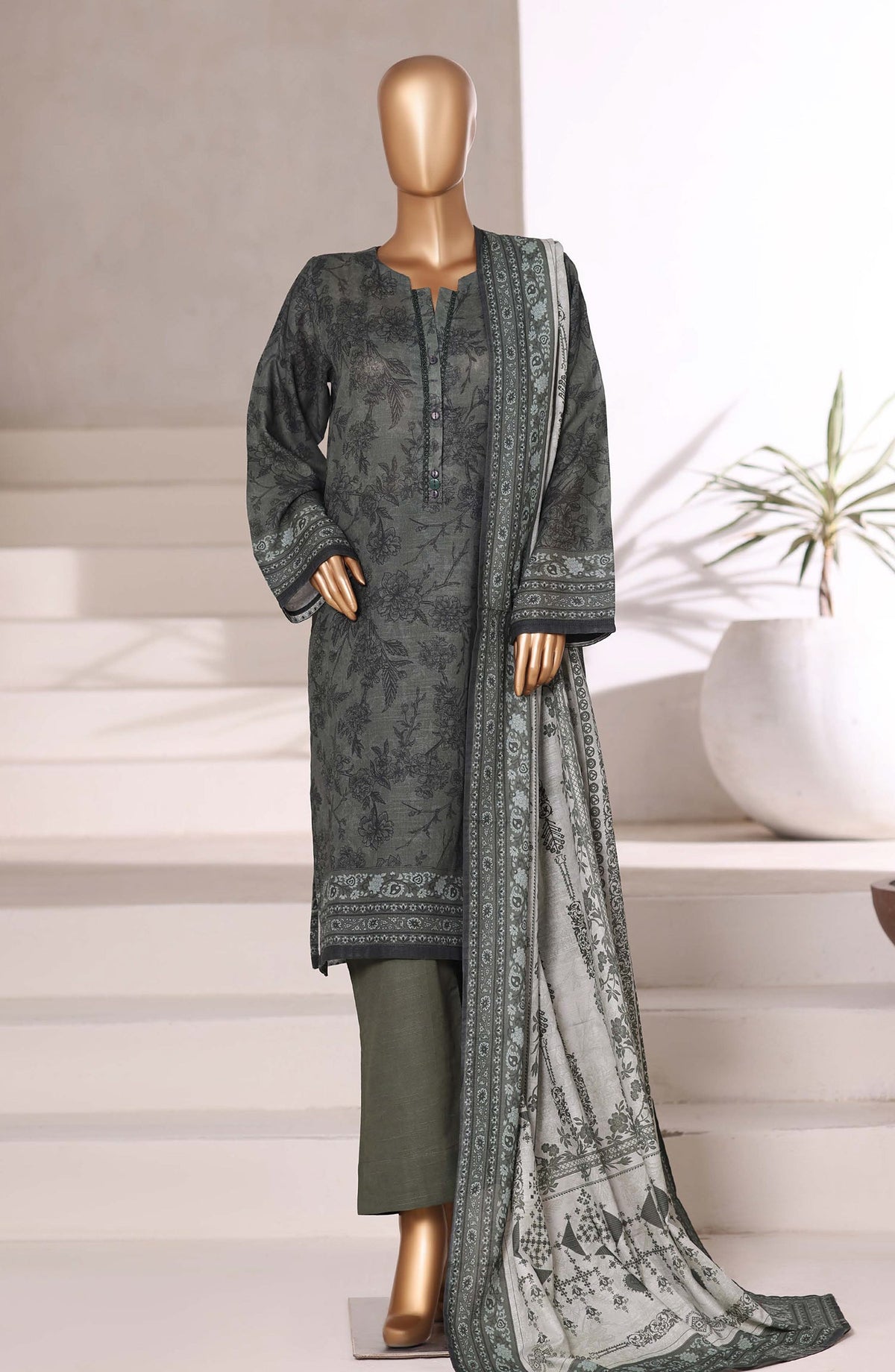 Sadabahar Printed Khaddar Stitched 3 Piece Suit - Design-07 - SBD25KHD - Grey - Winter Collection