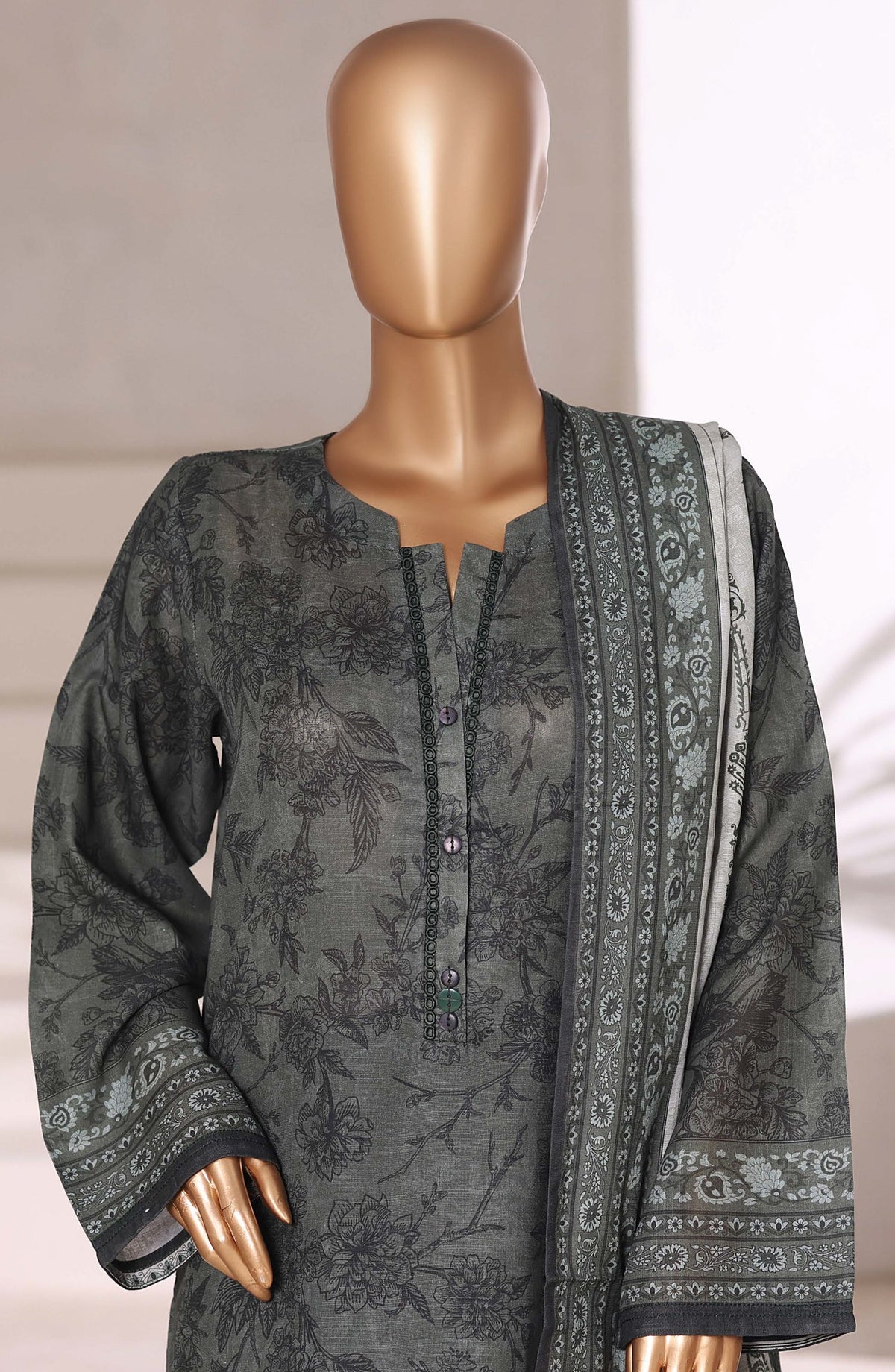 Sadabahar Printed Khaddar Stitched 3 Piece Suit - Design-07 - SBD25KHD - Grey - Winter Collection