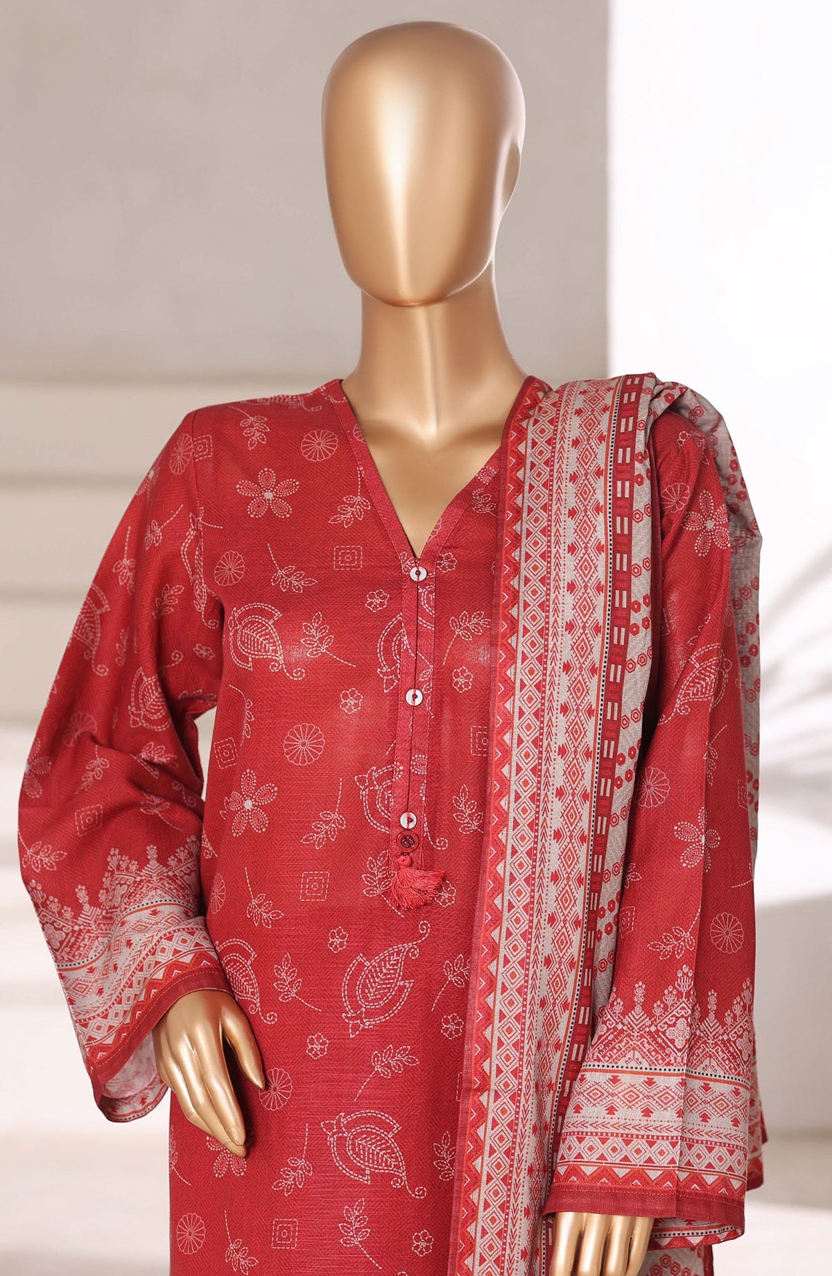 Sadabahar Printed Khaddar Stitched 3 Piece Suit - Design-01 - SBD25KHD - Red - Winter Collection