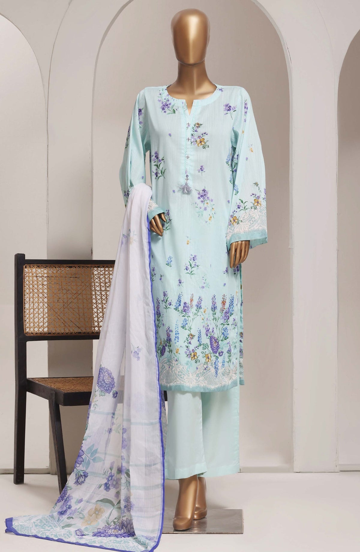Sadabahar Printed Lawn Stitched 3 Piece Suit - D-08 - SBD26ELV - Sky Blue - Summer Collection
